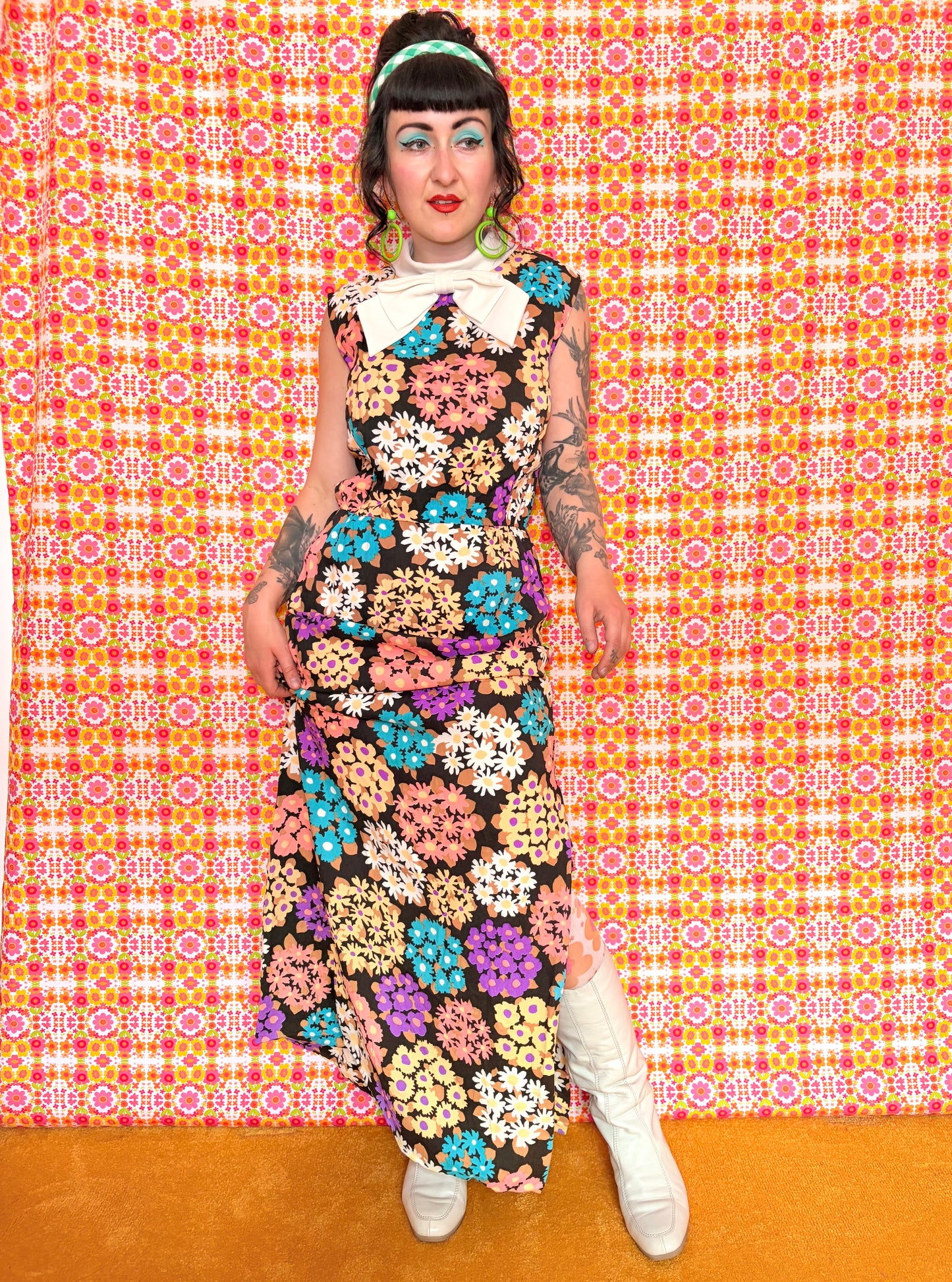 Vintage 70s Bright Floral Bow Maxi Dress