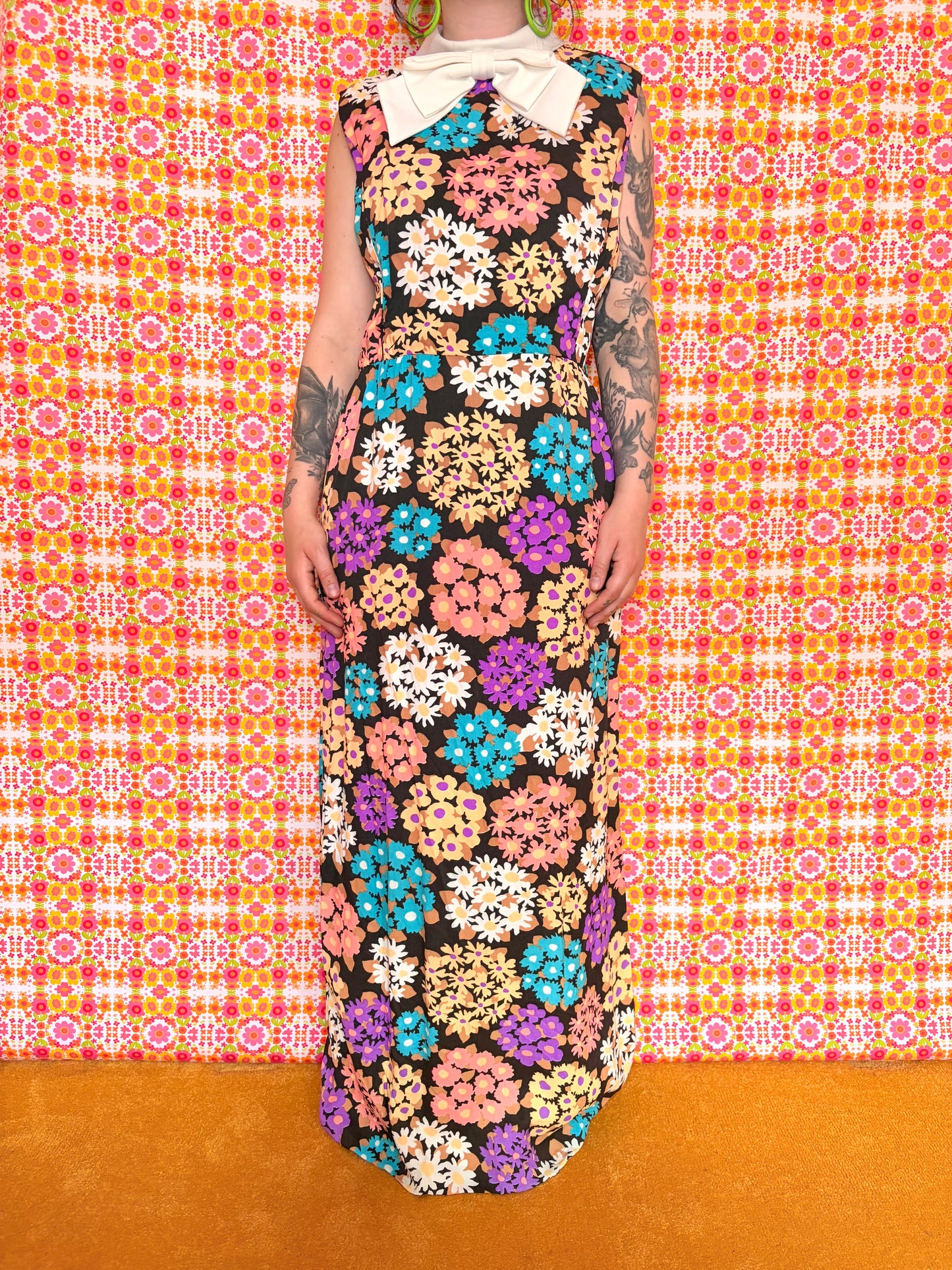 Vintage 70s Bright Floral Bow Maxi Dress
