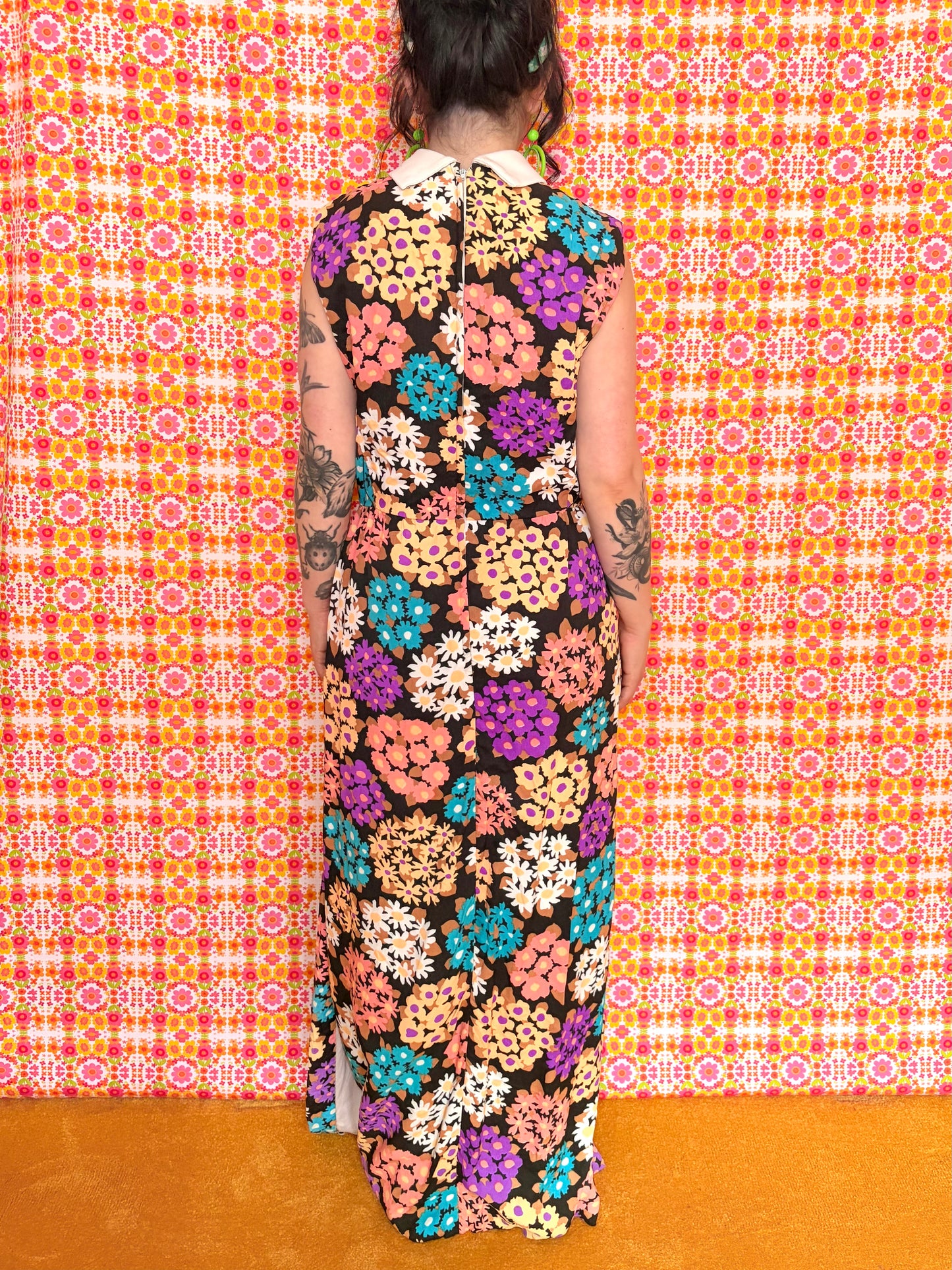Vintage 70s Bright Floral Bow Maxi Dress
