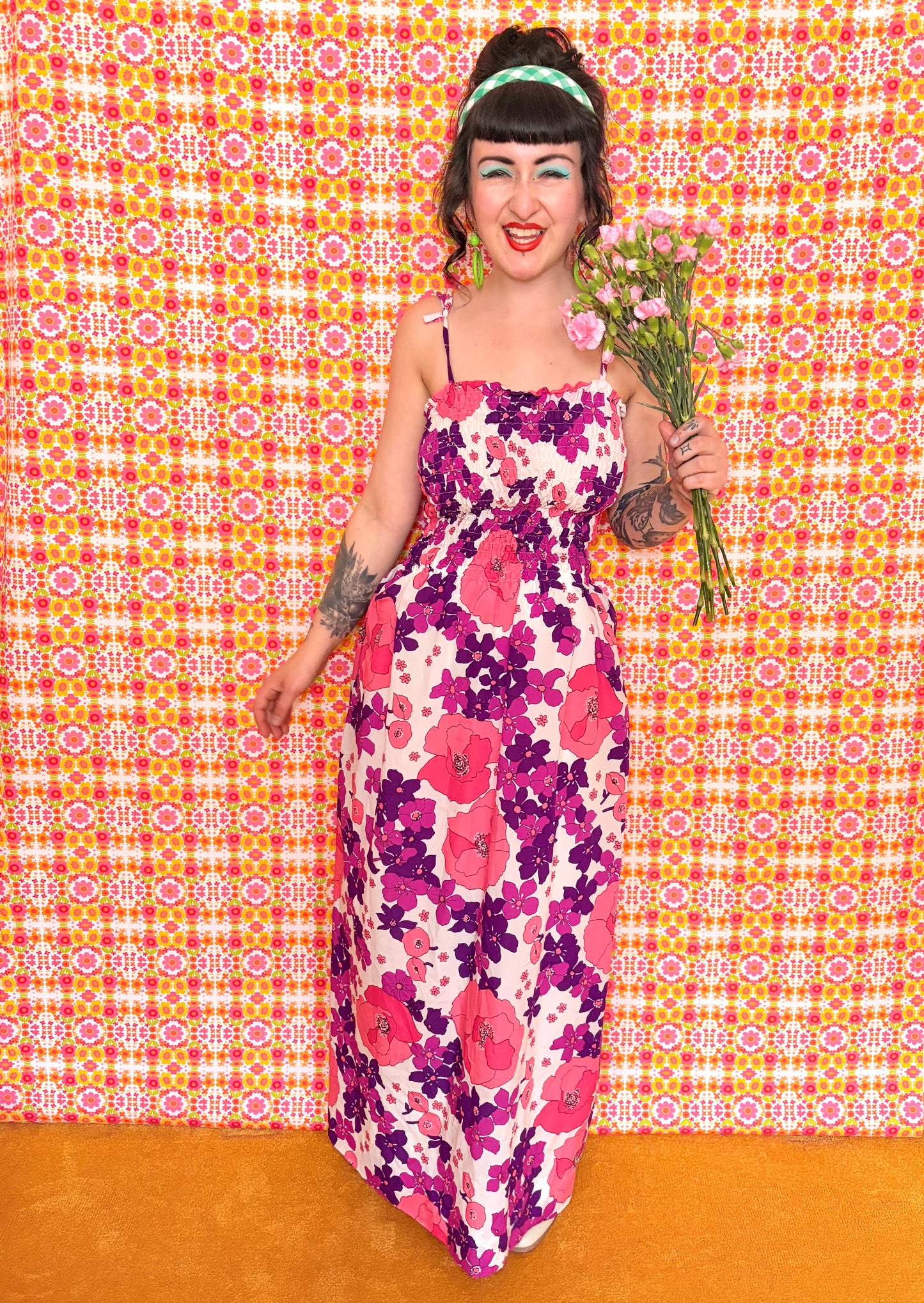 Vintage 70s Pink Floral Strappy Maxi Dress