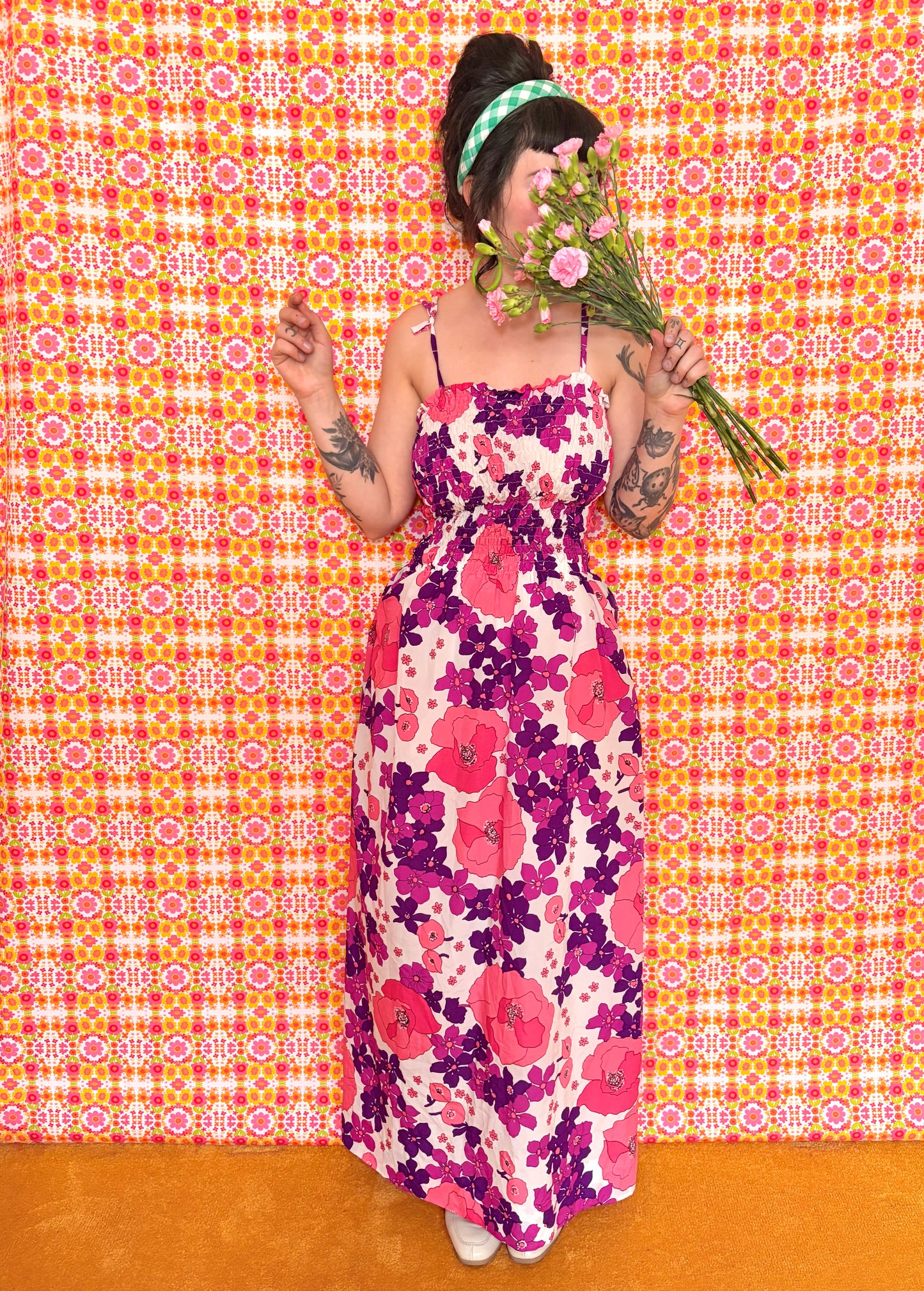 Vintage 70s Pink Floral Strappy Maxi Dress