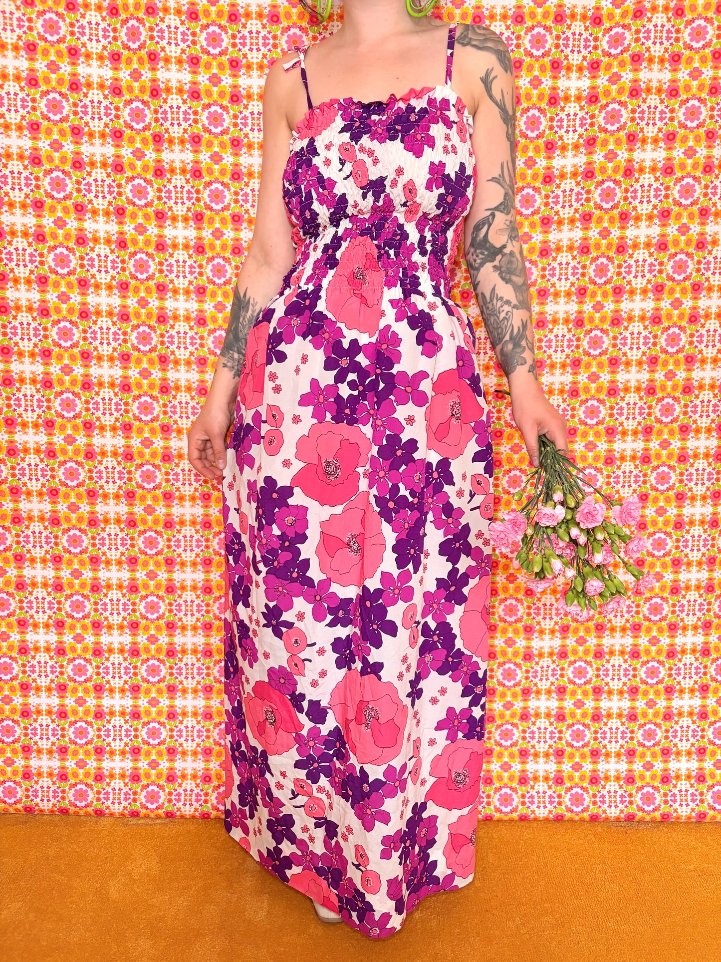Vintage 70s Pink Floral Strappy Maxi Dress