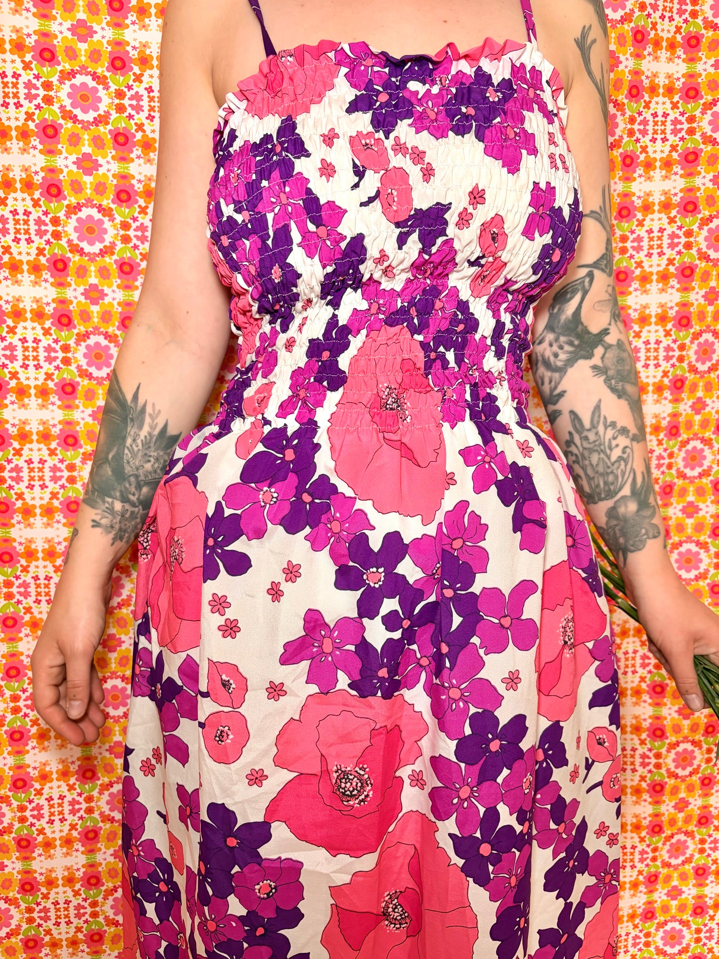 Vintage 70s Pink Floral Strappy Maxi Dress