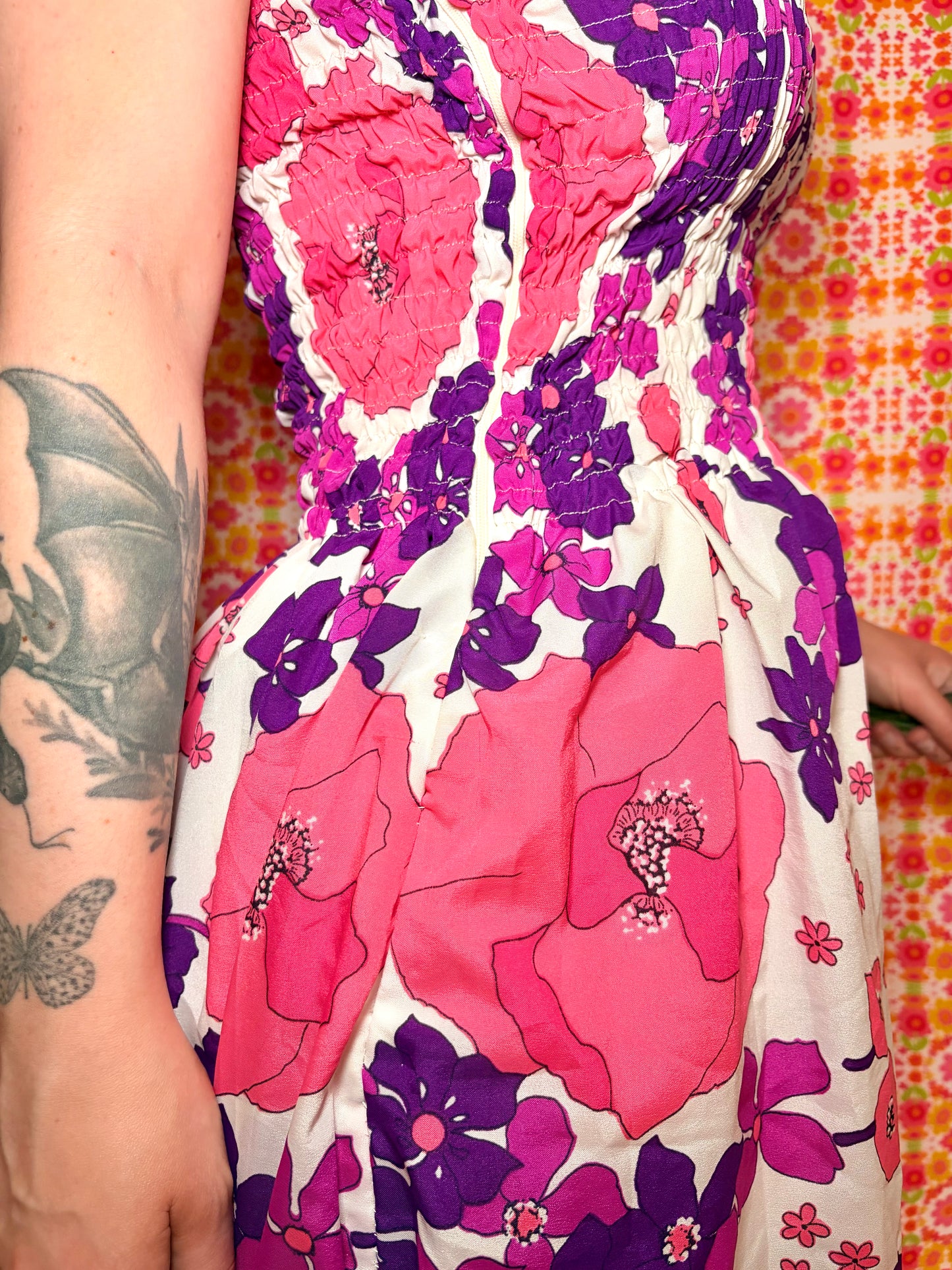 Vintage 70s Pink Floral Strappy Maxi Dress