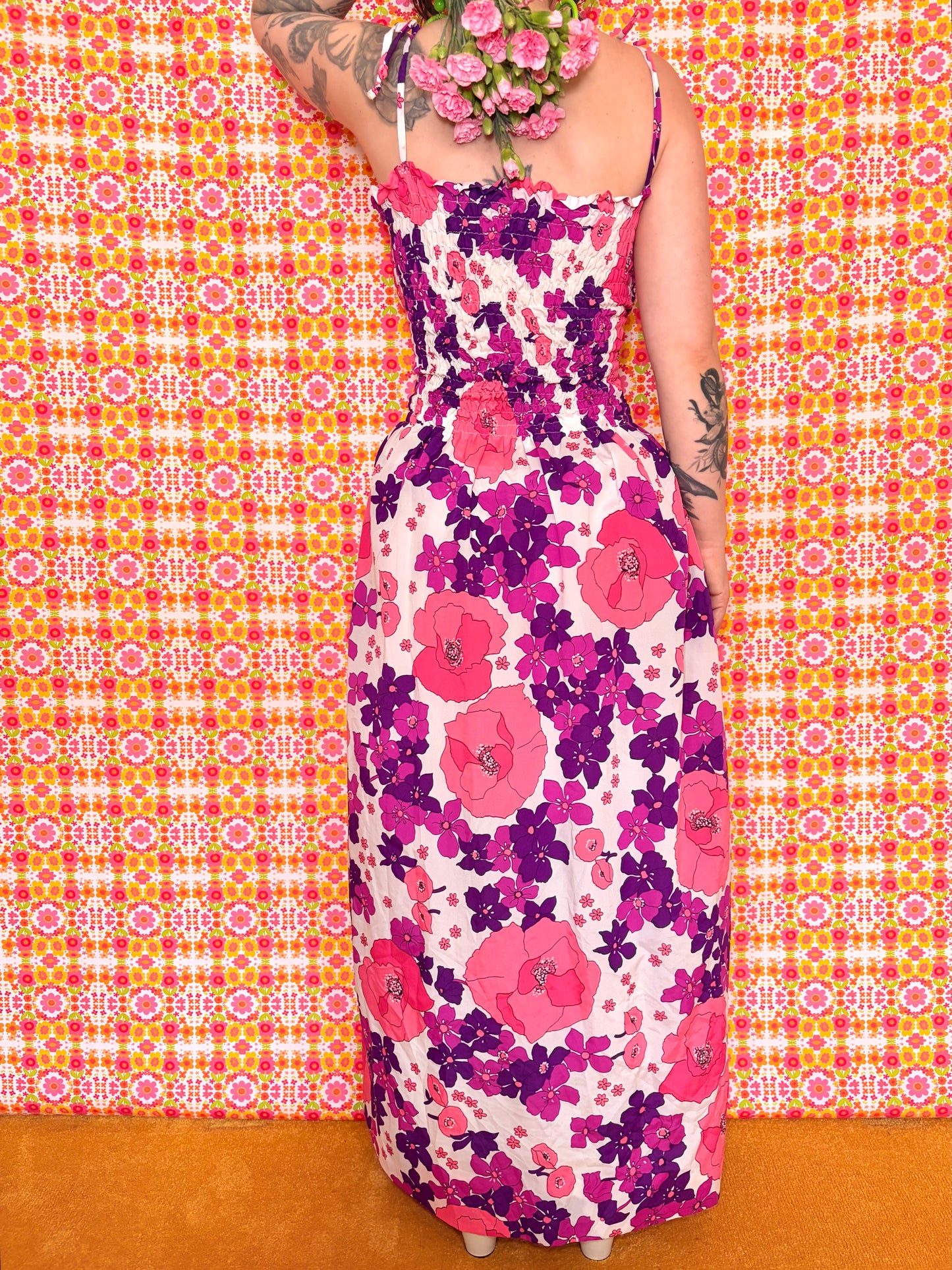 Vintage 70s Pink Floral Strappy Maxi Dress