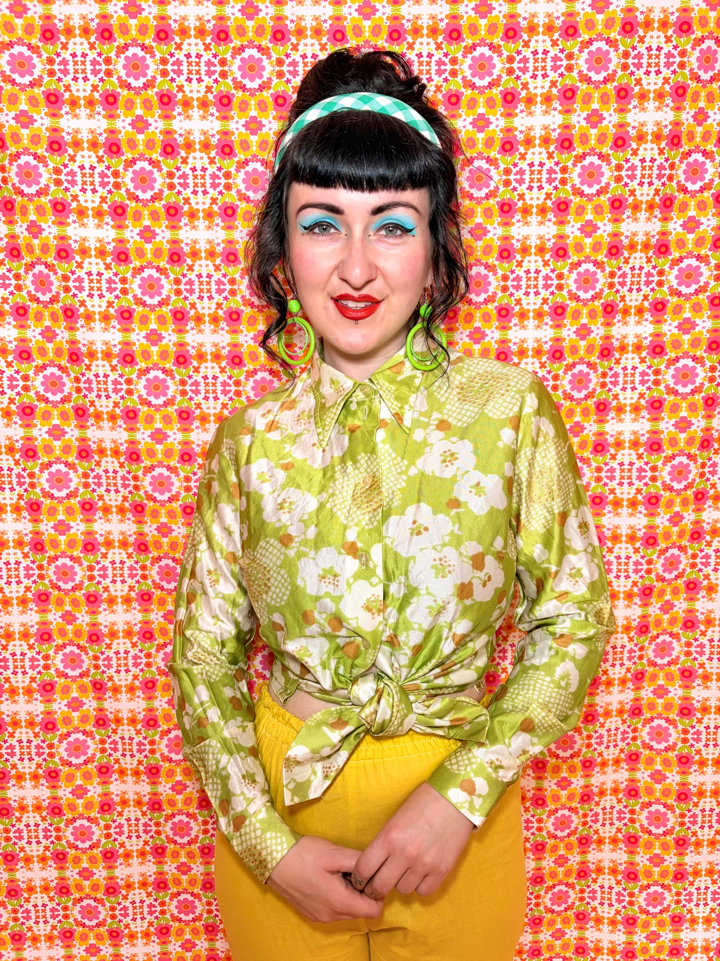 Vintage 70s Lime Green Floral Shirt