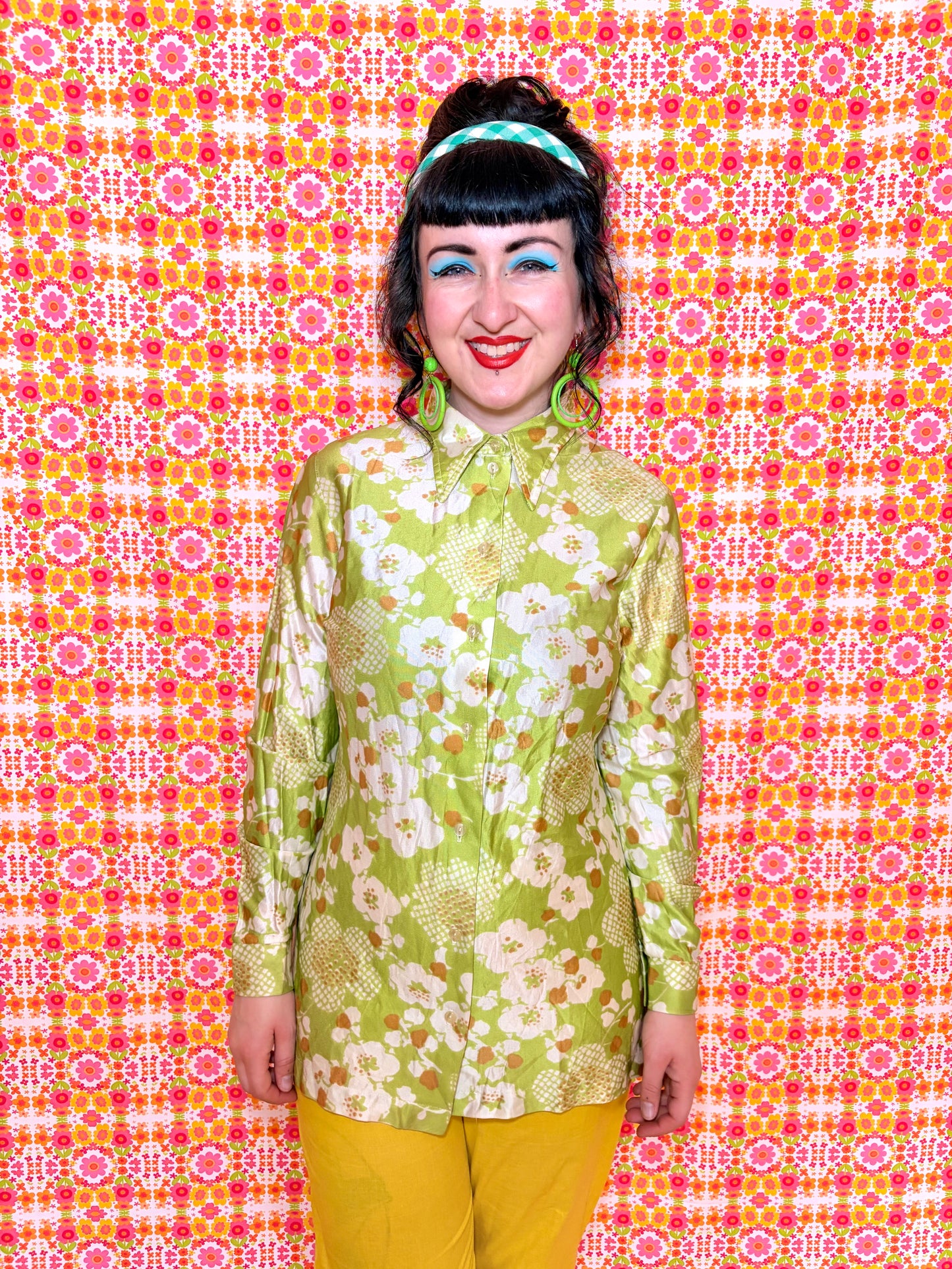 Vintage 70s Lime Green Floral Shirt