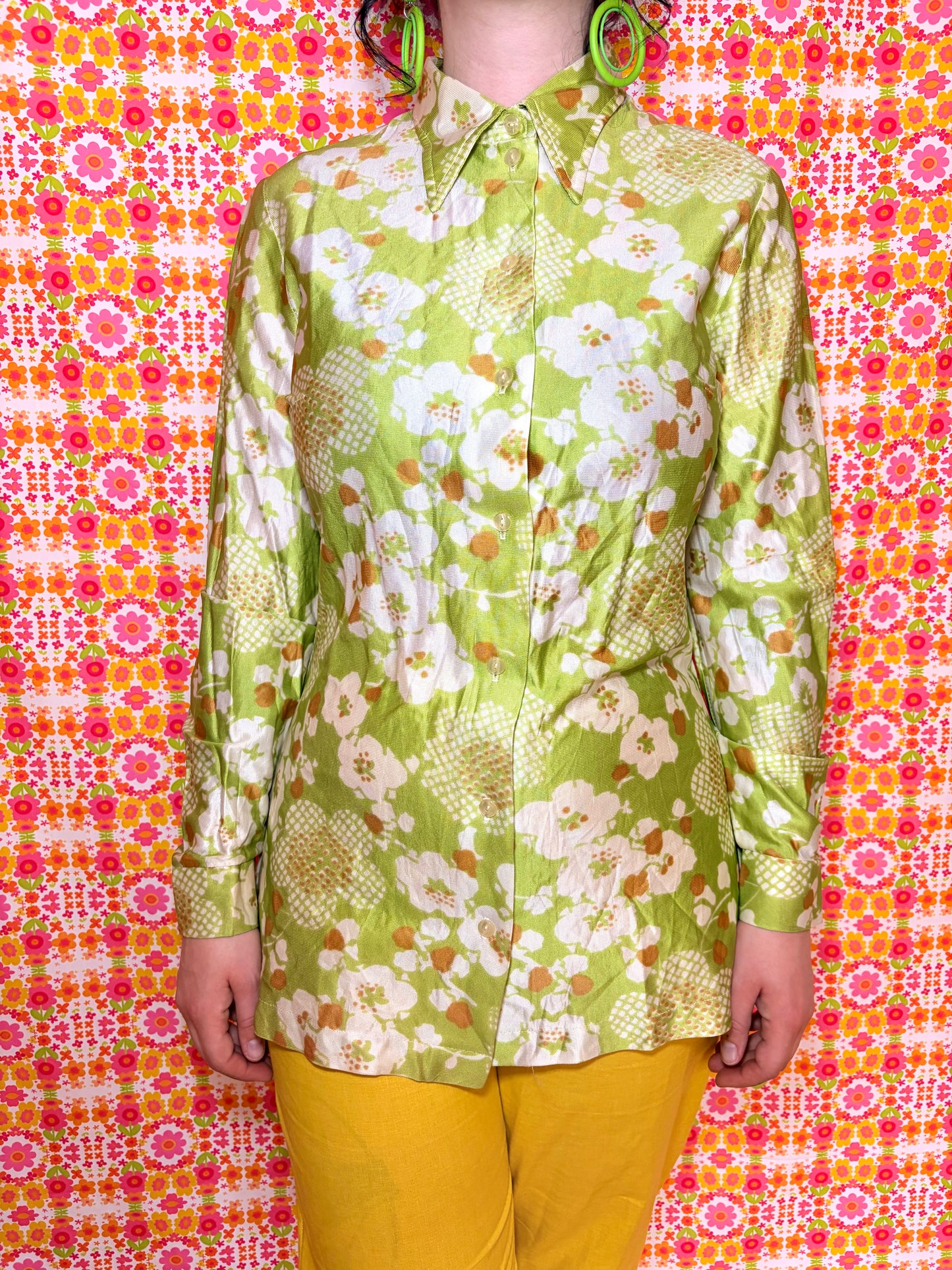 Vintage 70s Lime Green Floral Shirt
