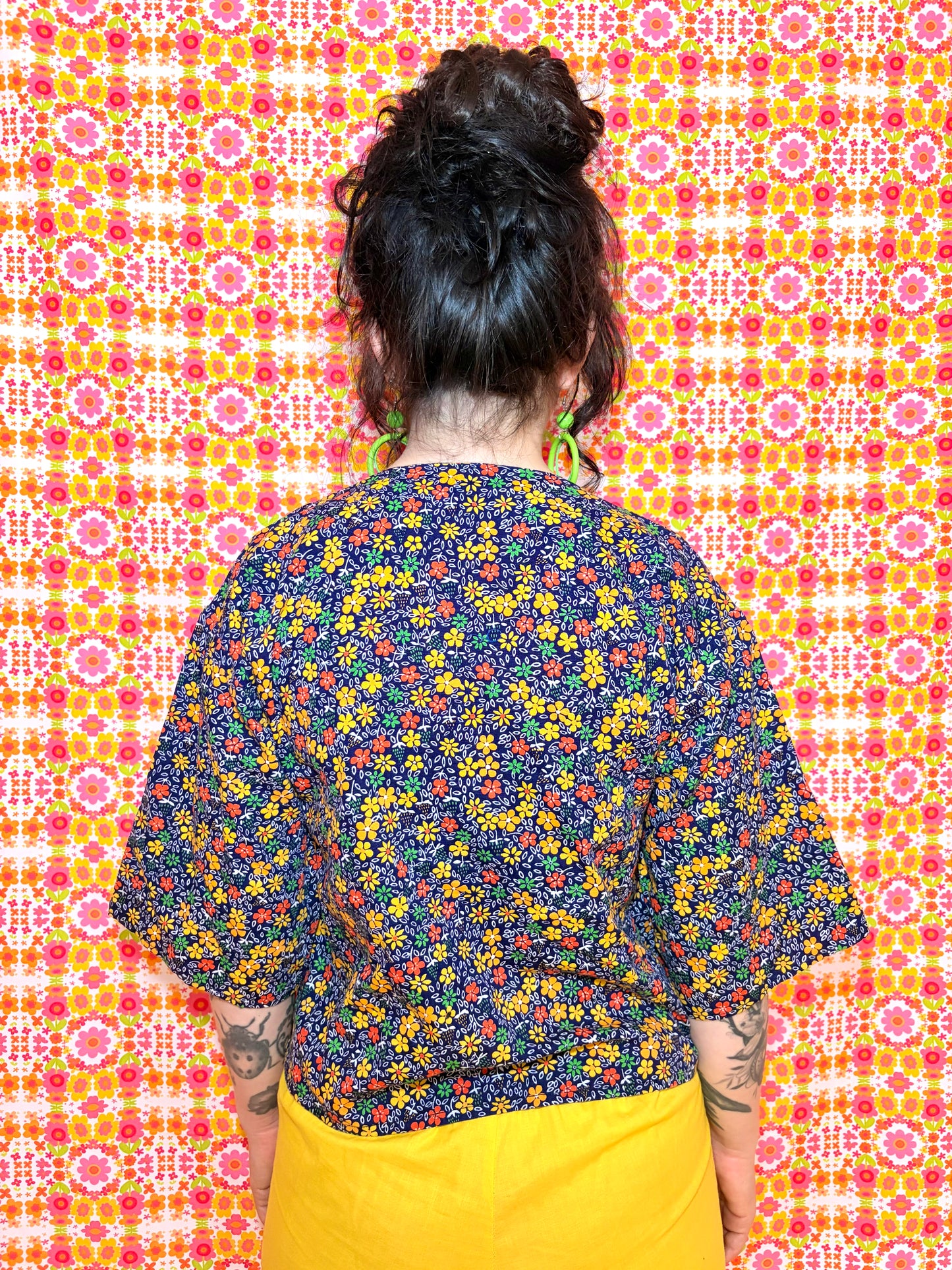 Vintage 70s Blue Floral Cropped Tunic