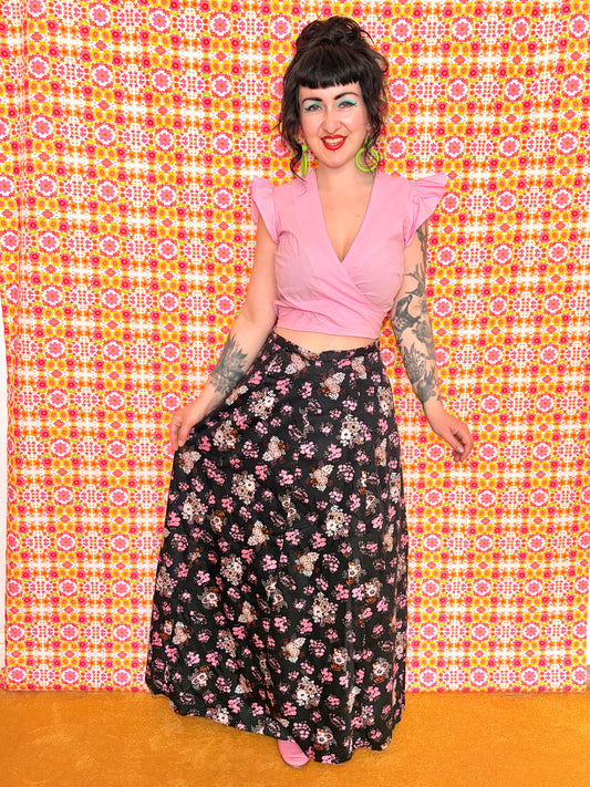 Vintage 70s Black and Pink Floral Maxi Skirt