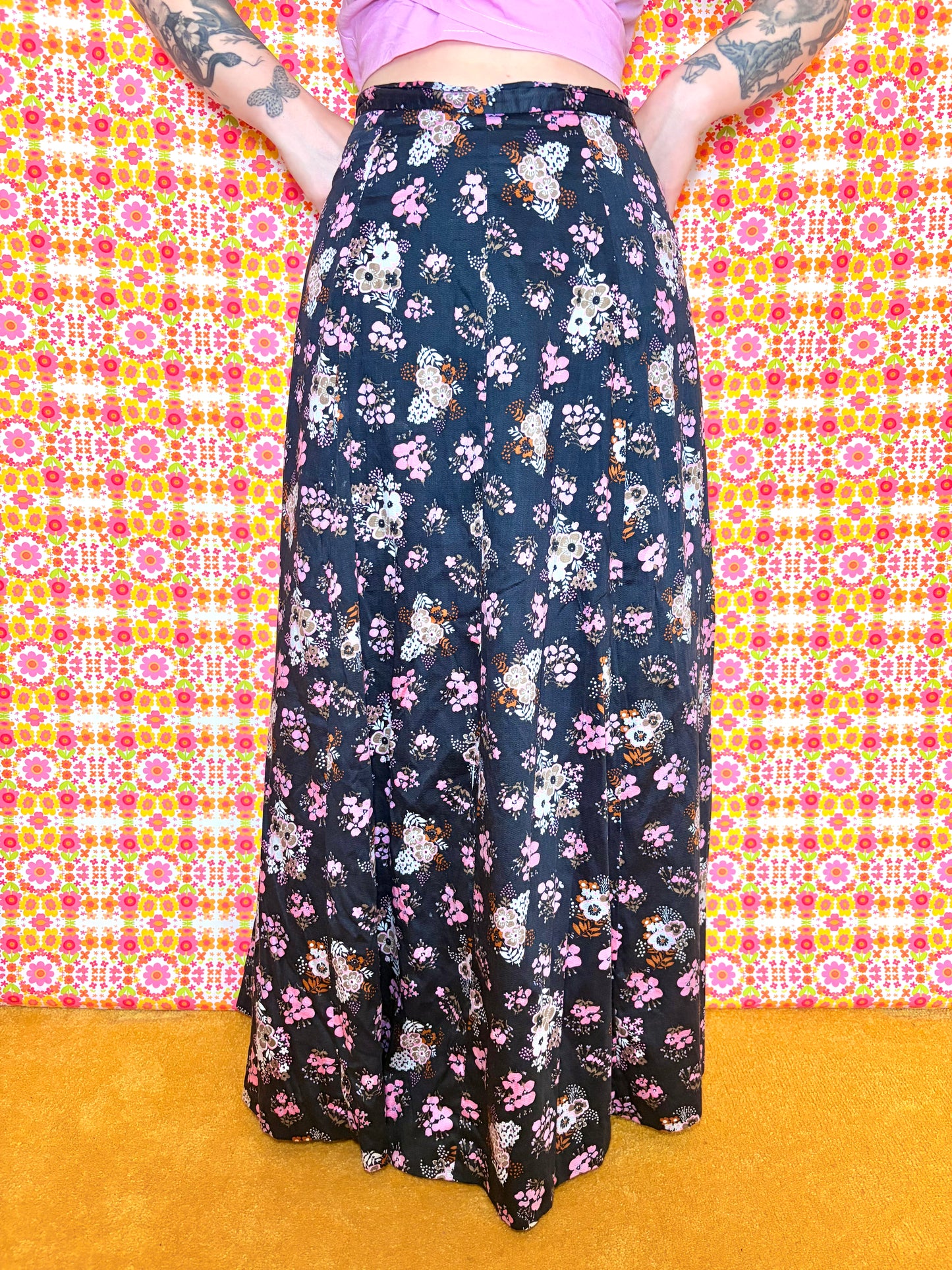Vintage 70s Black and Pink Floral Maxi Skirt