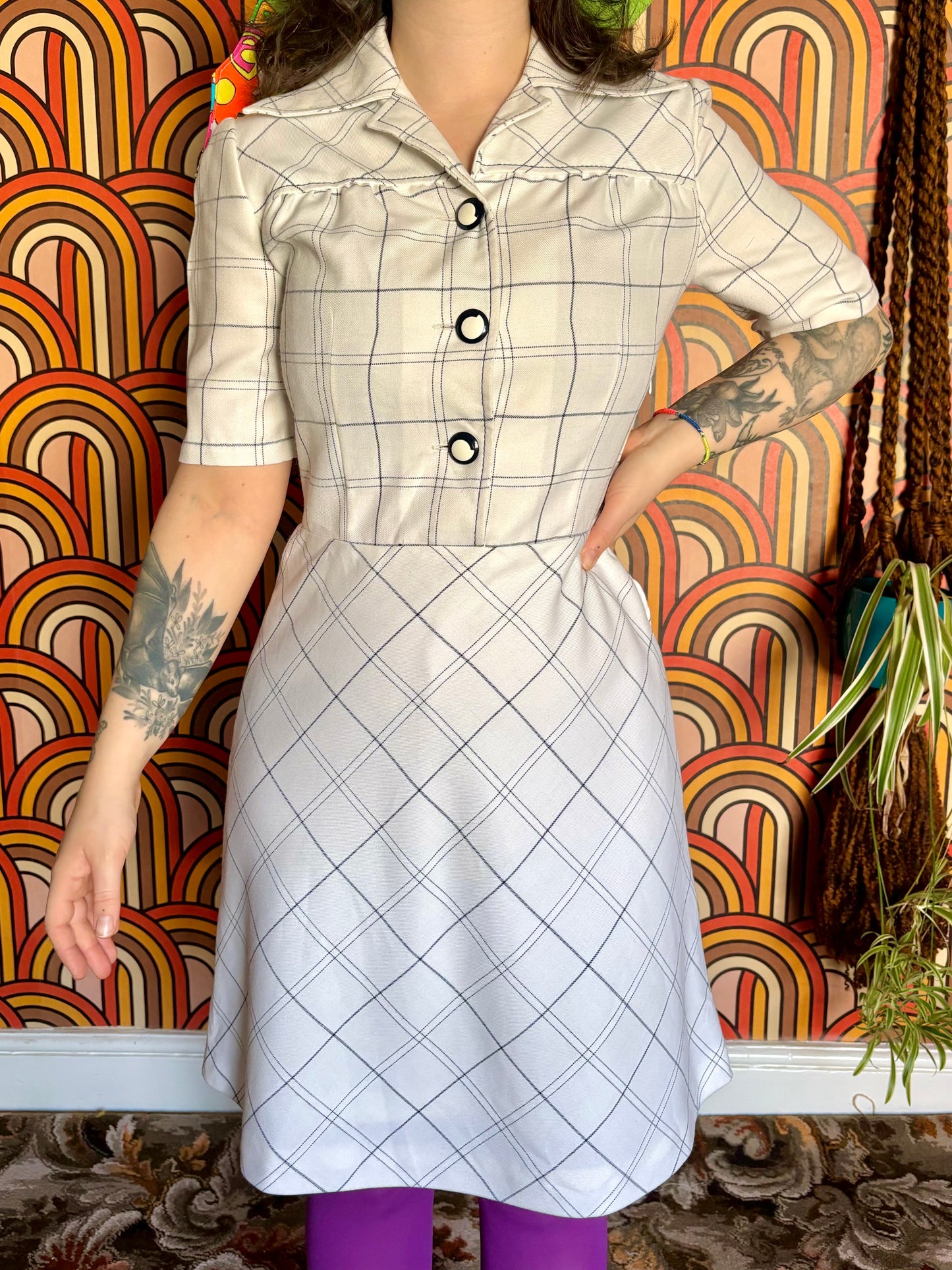 Vintage 60s White Grid Print Dress