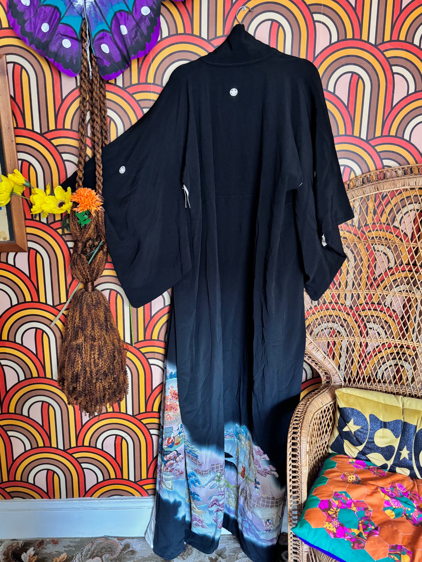 Vintage 40s Black Silk Traditional Kimono