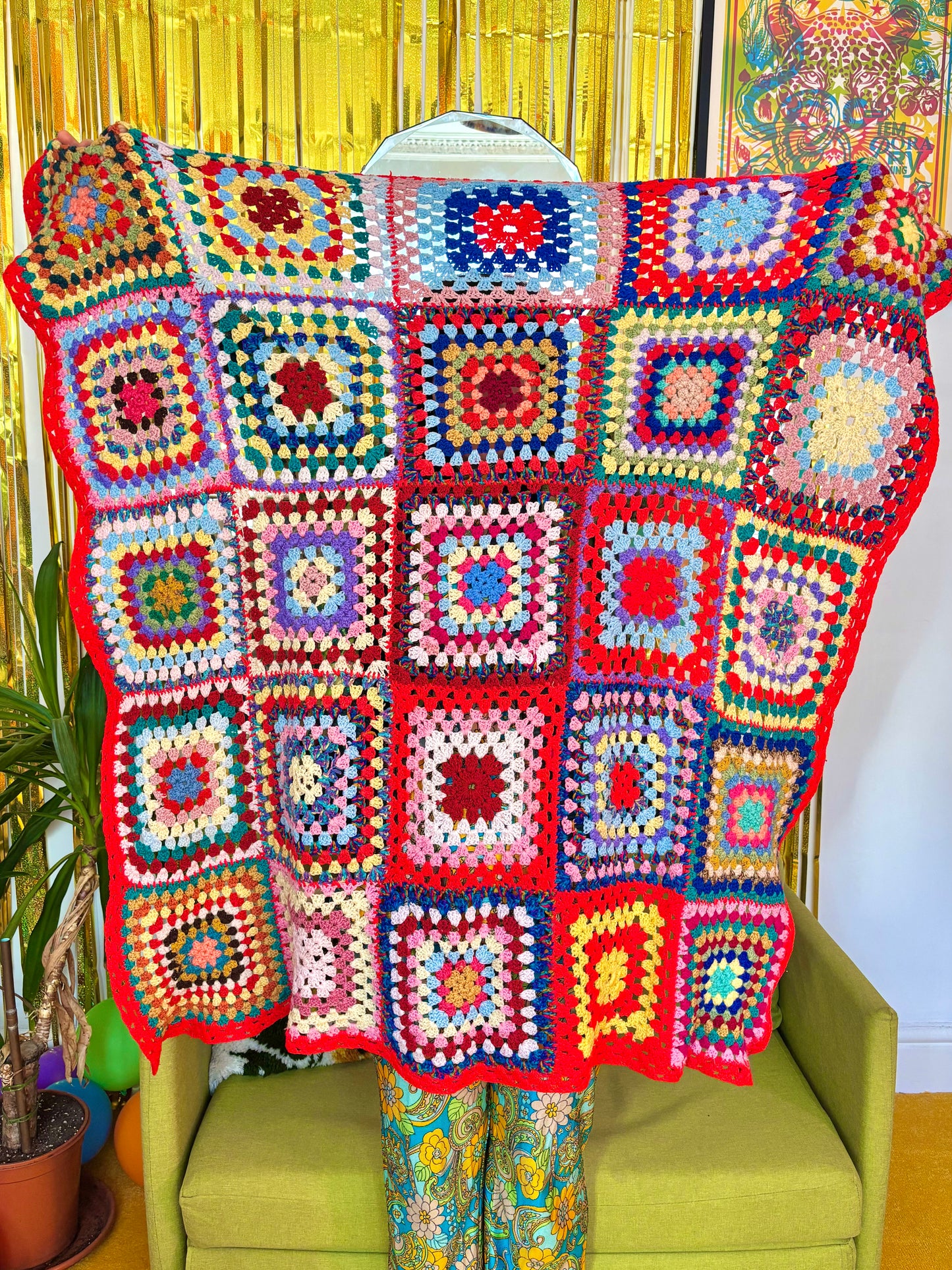 Vintage Small Red Granny Square Crochet Blanket
