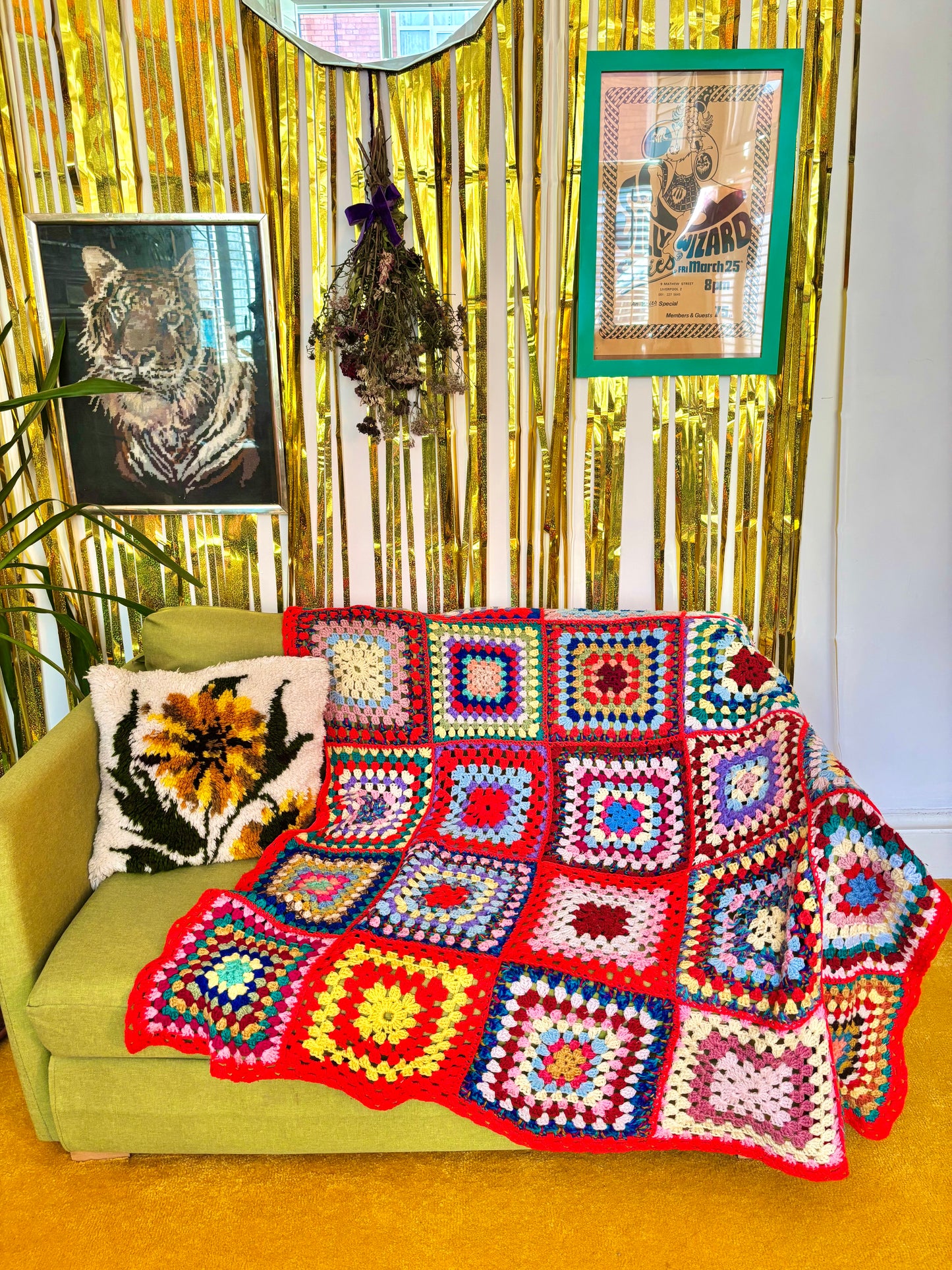 Vintage Small Red Granny Square Crochet Blanket