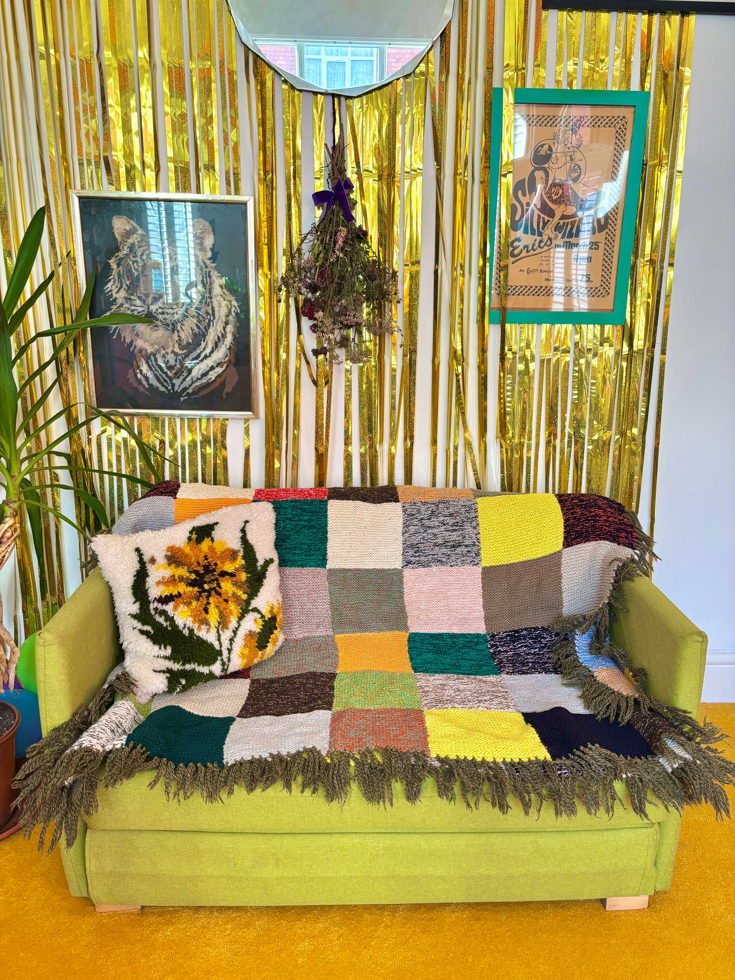 Vintage Large Double Knitted Patchwork Blanket