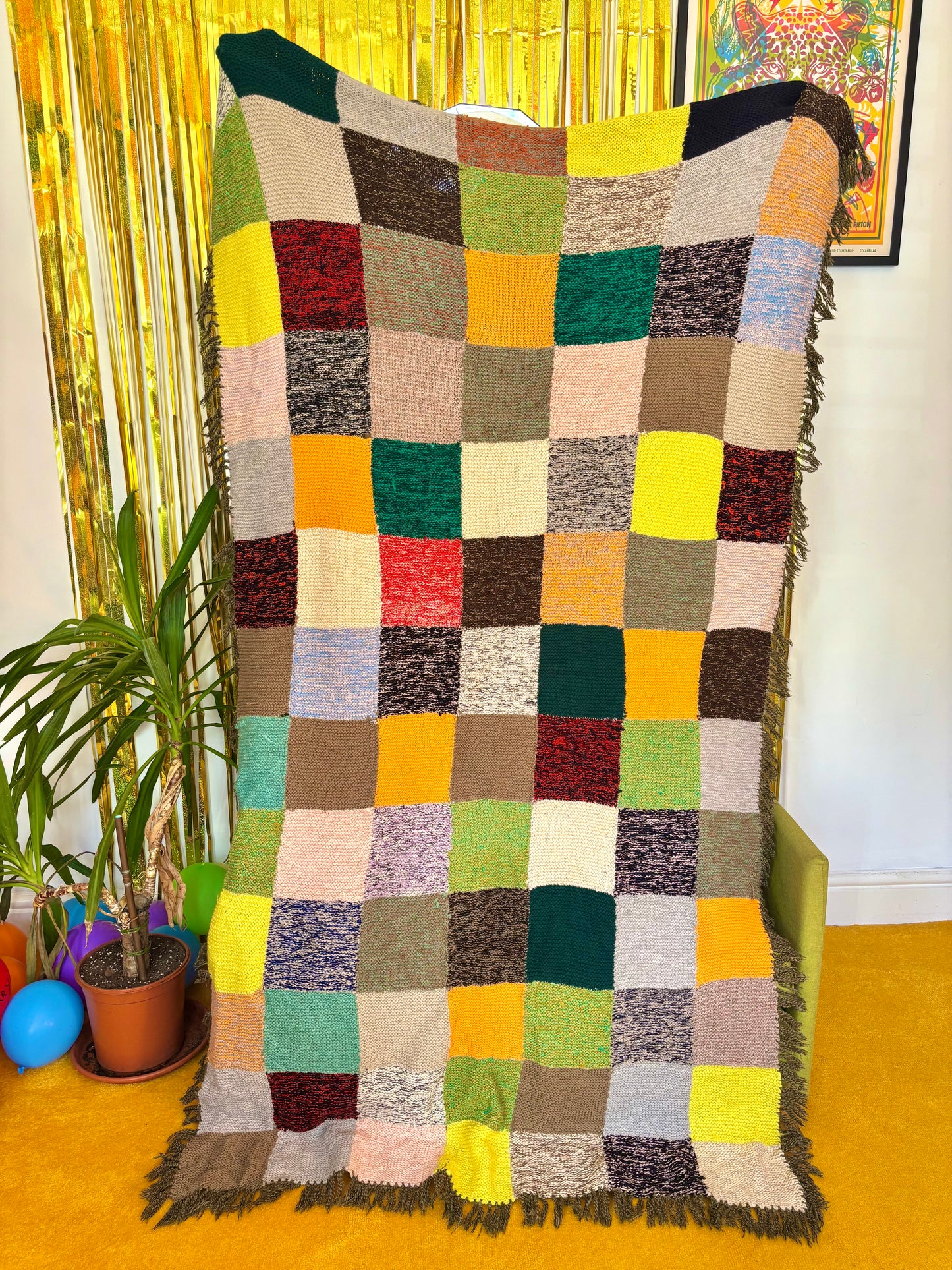 Vintage Large Double Knitted Patchwork Blanket