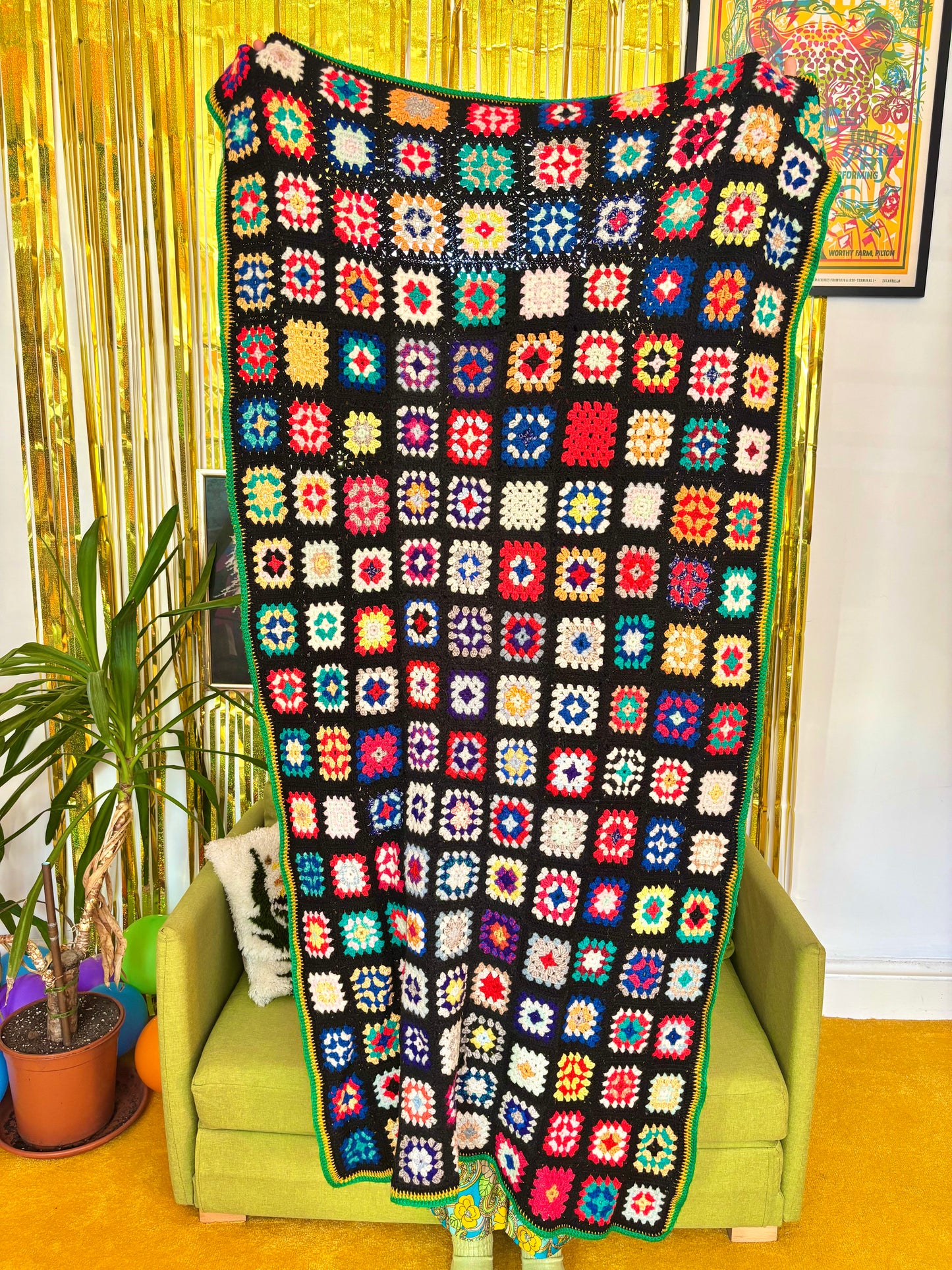 Vintage Black Rainbow Granny Square Crochet Blanket