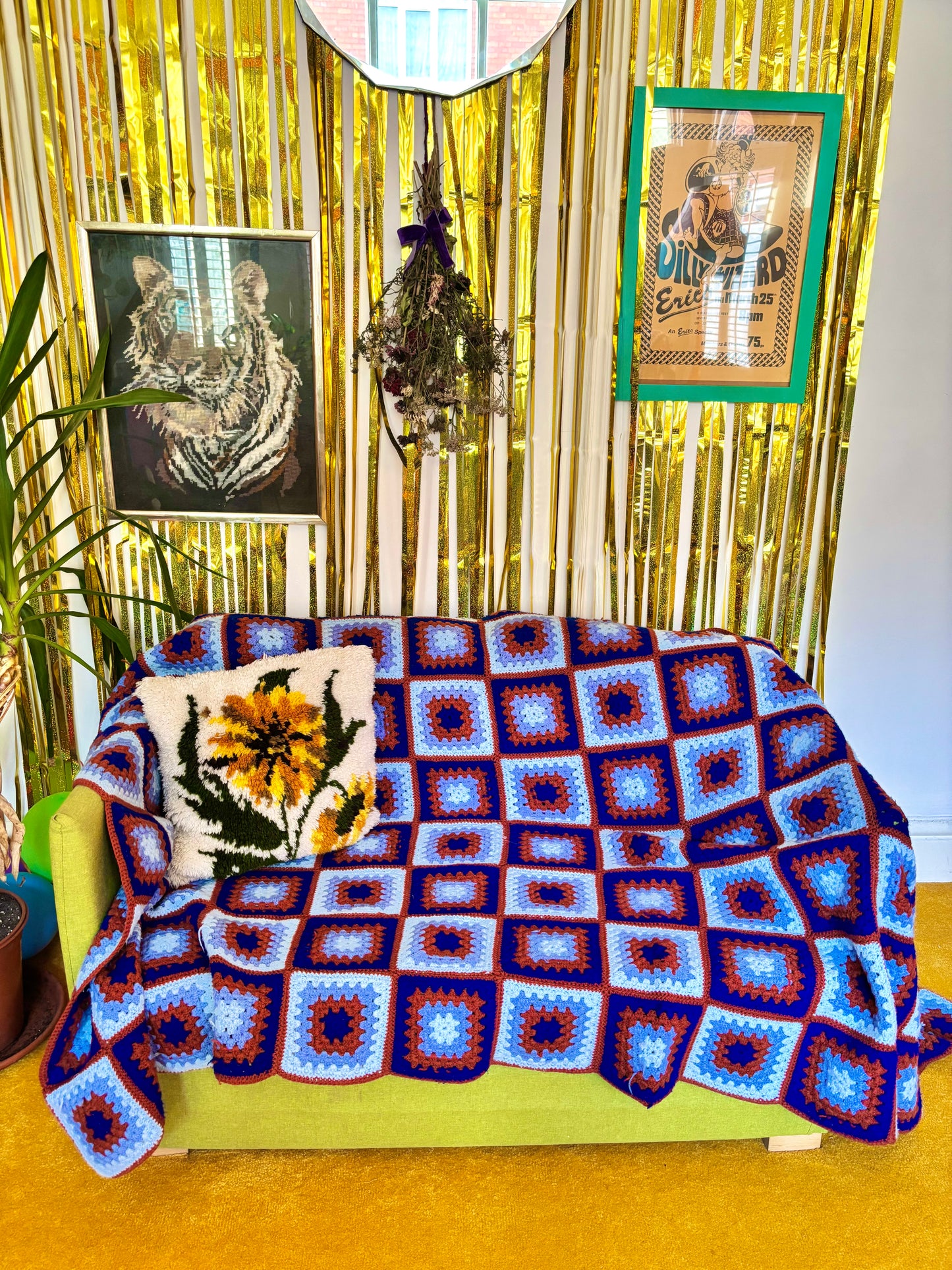 Vintage Blue and Brown Granny Square Crochet Blanket