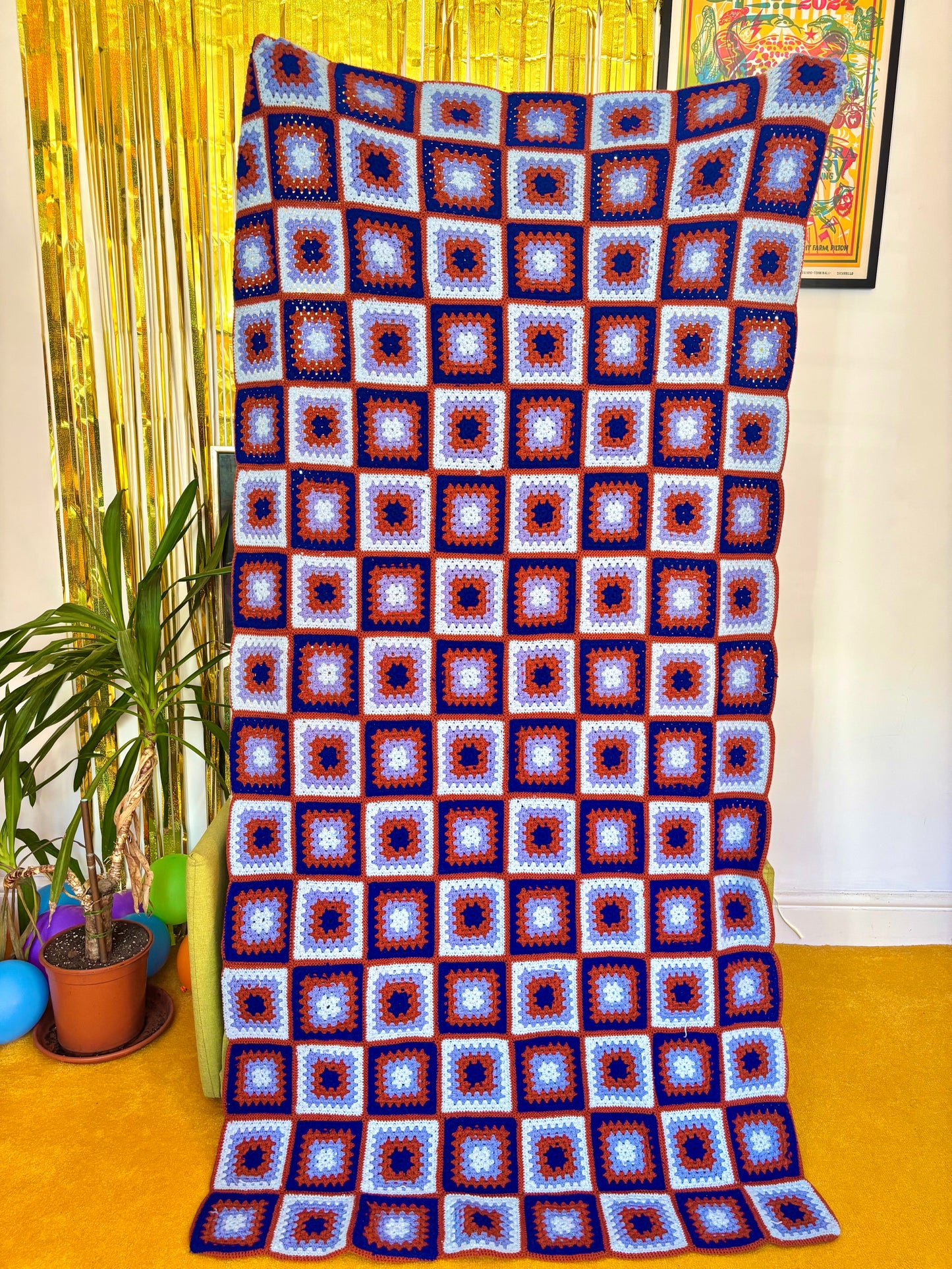 Vintage Blue and Brown Granny Square Crochet Blanket