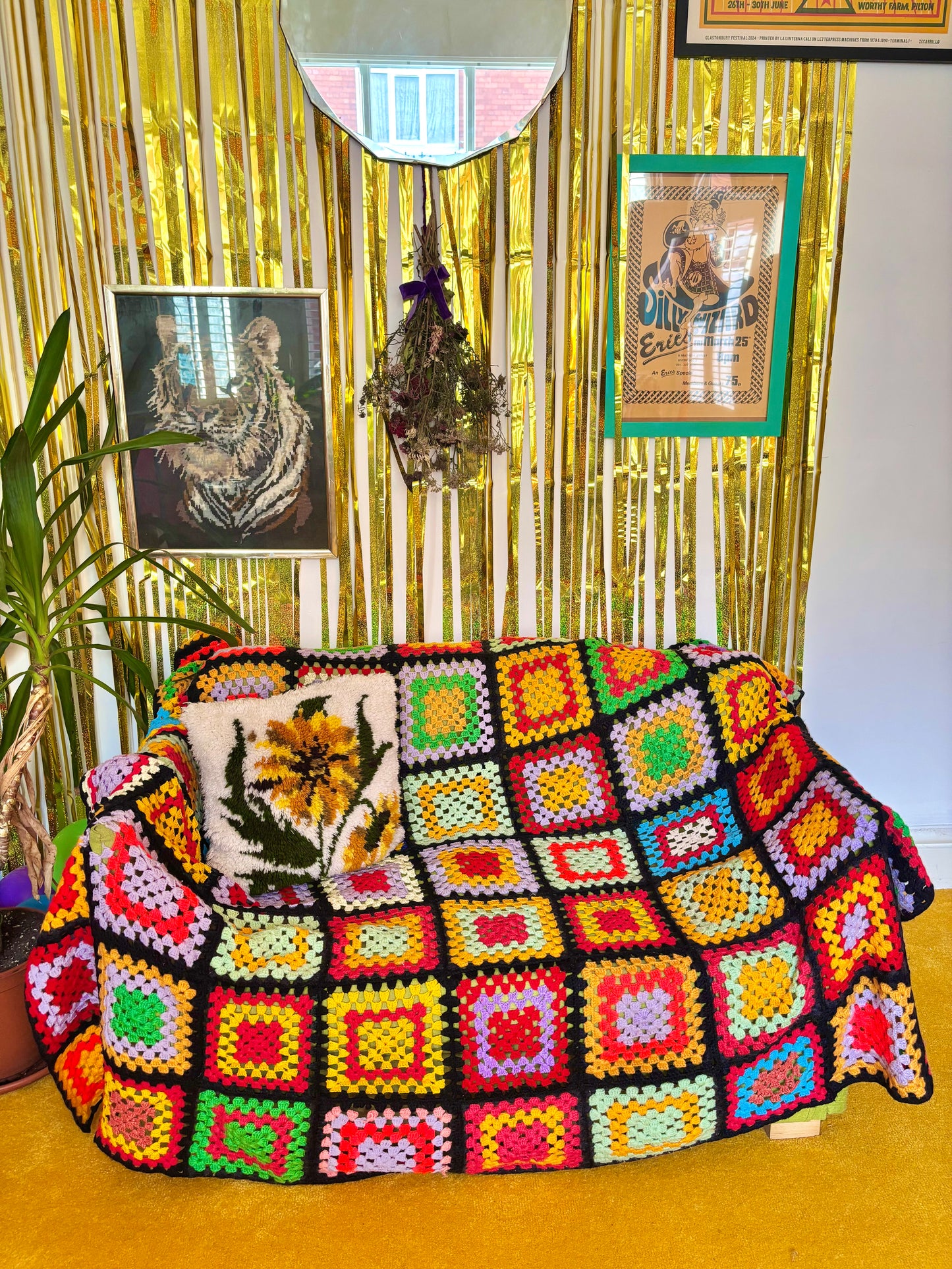 Vintage Large Double Rainbow Granny Square Crochet Blanket