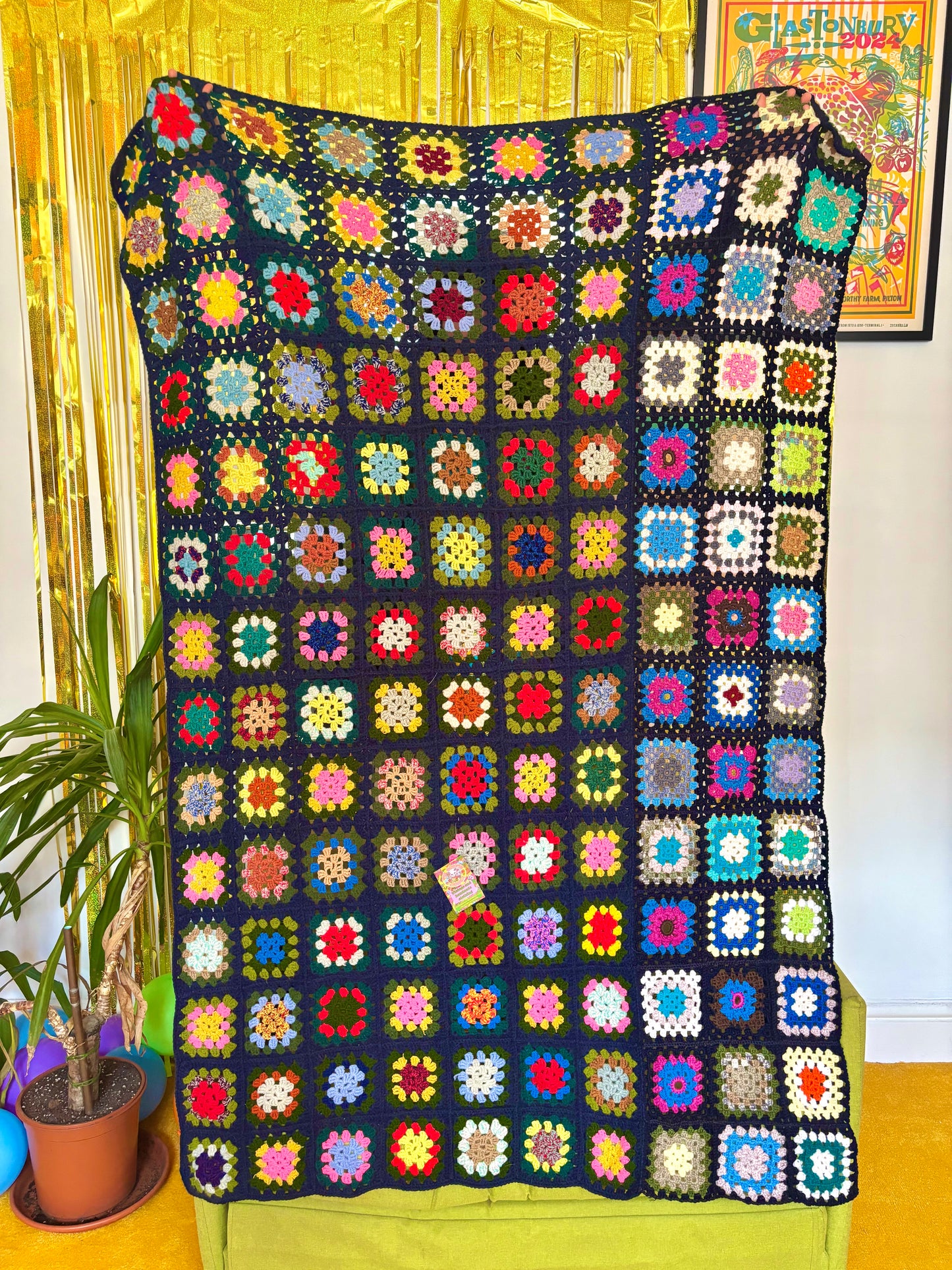 Vintage Navy Rainbow Granny Square Crochet Blanket