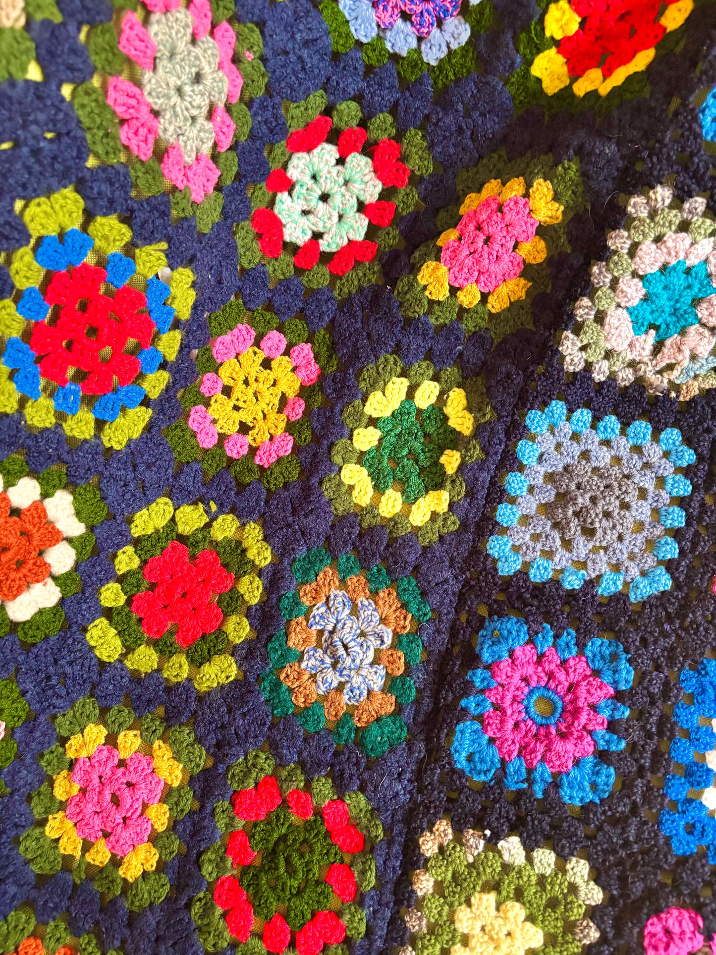 Vintage Navy Rainbow Granny Square Crochet Blanket