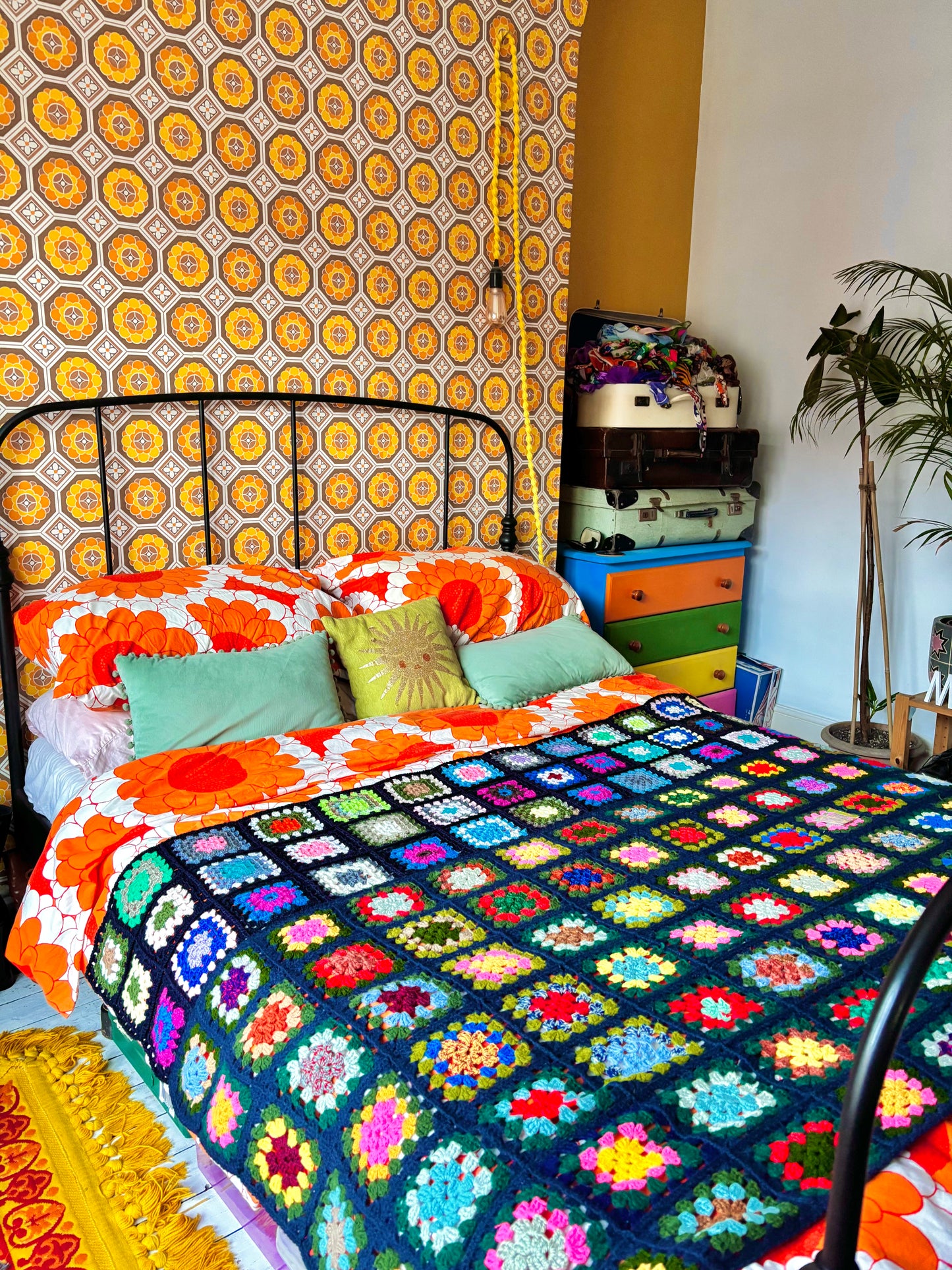 Vintage Navy Rainbow Granny Square Crochet Blanket