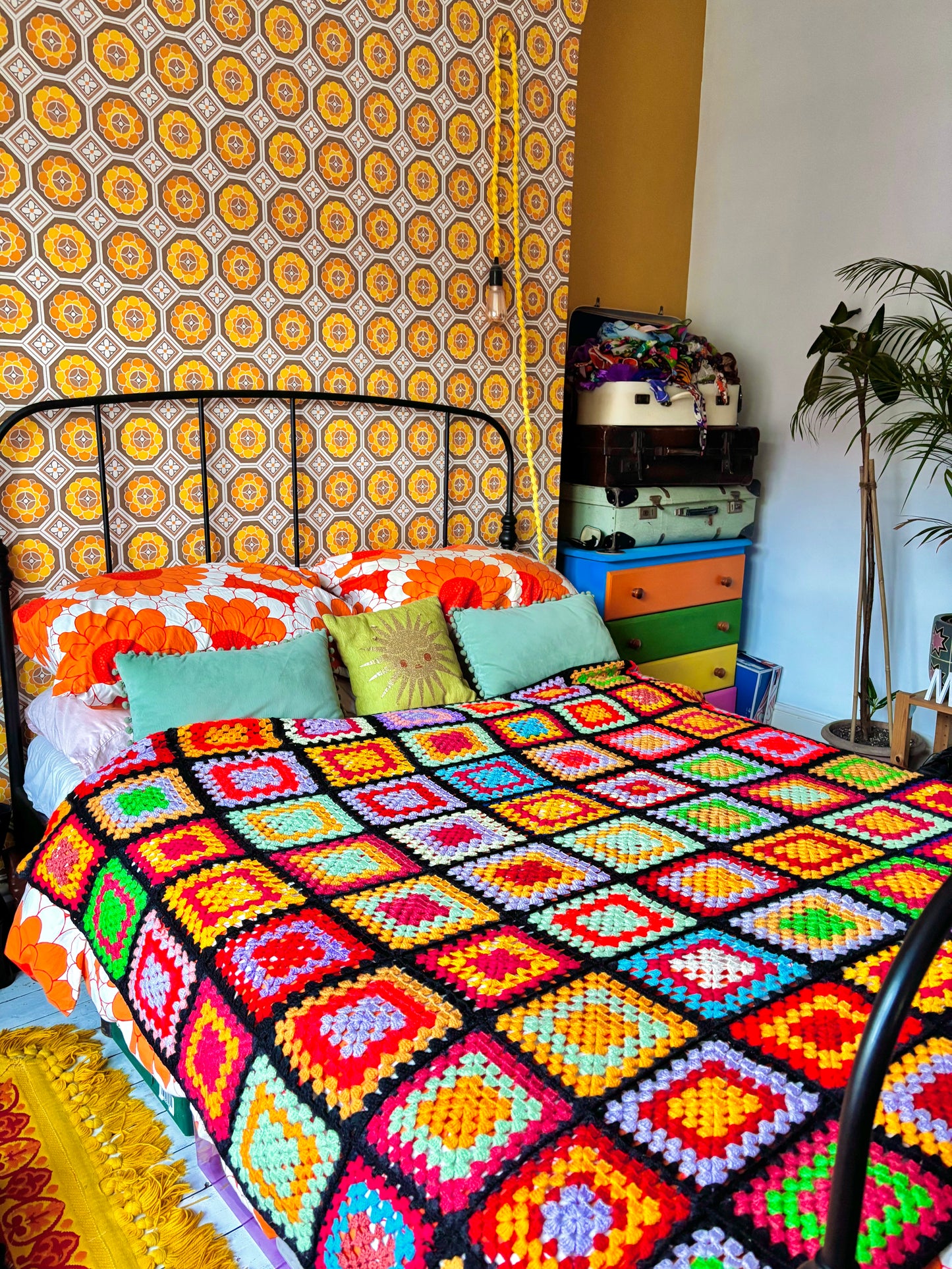 Vintage Large Double Rainbow Granny Square Crochet Blanket