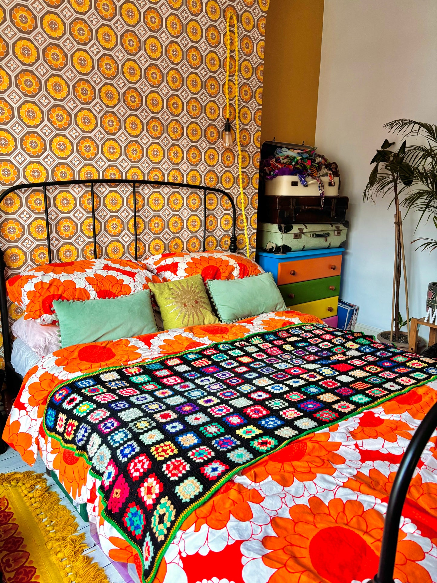 Vintage Black Rainbow Granny Square Crochet Blanket