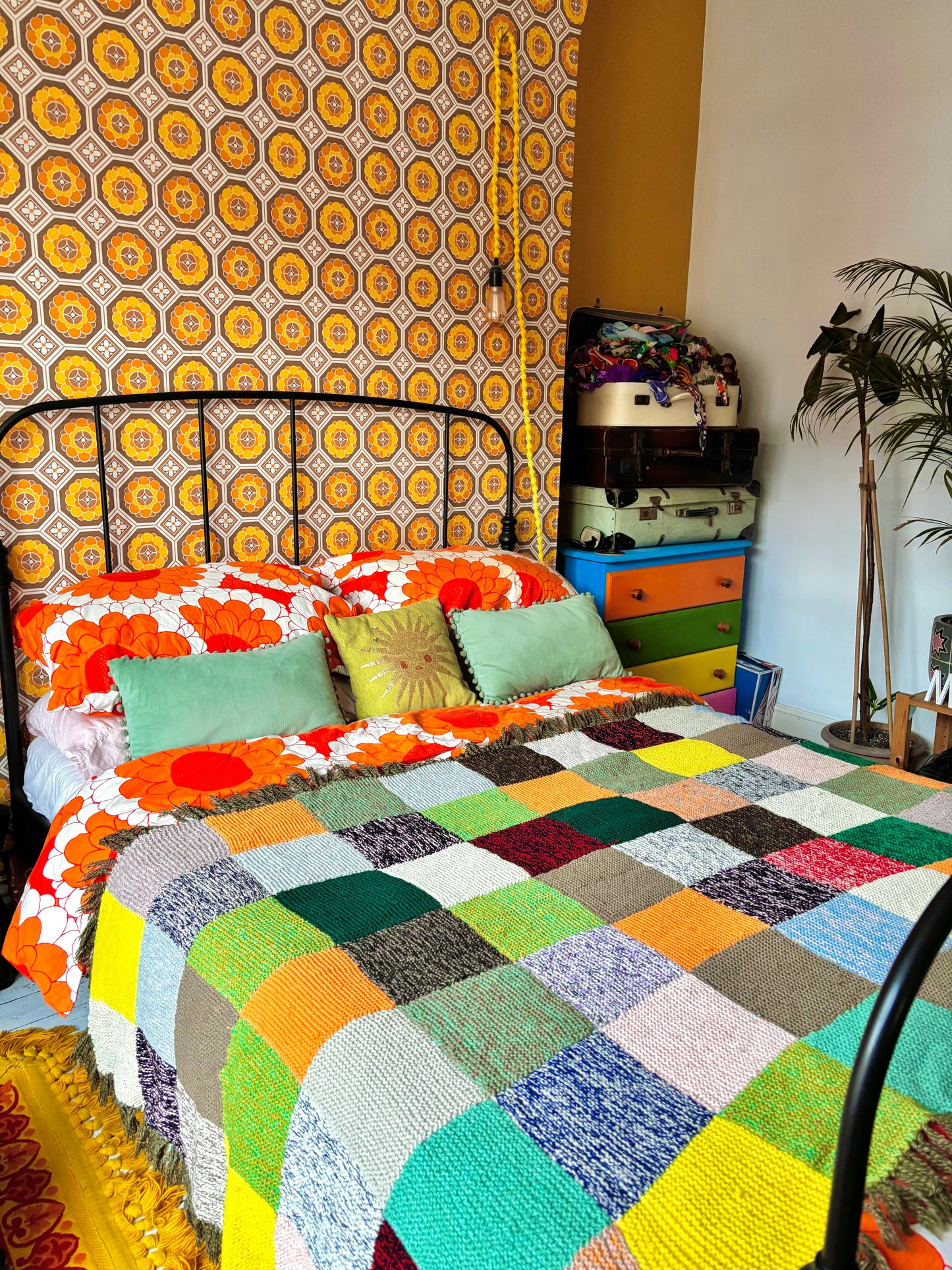 Vintage Large Double Knitted Patchwork Blanket