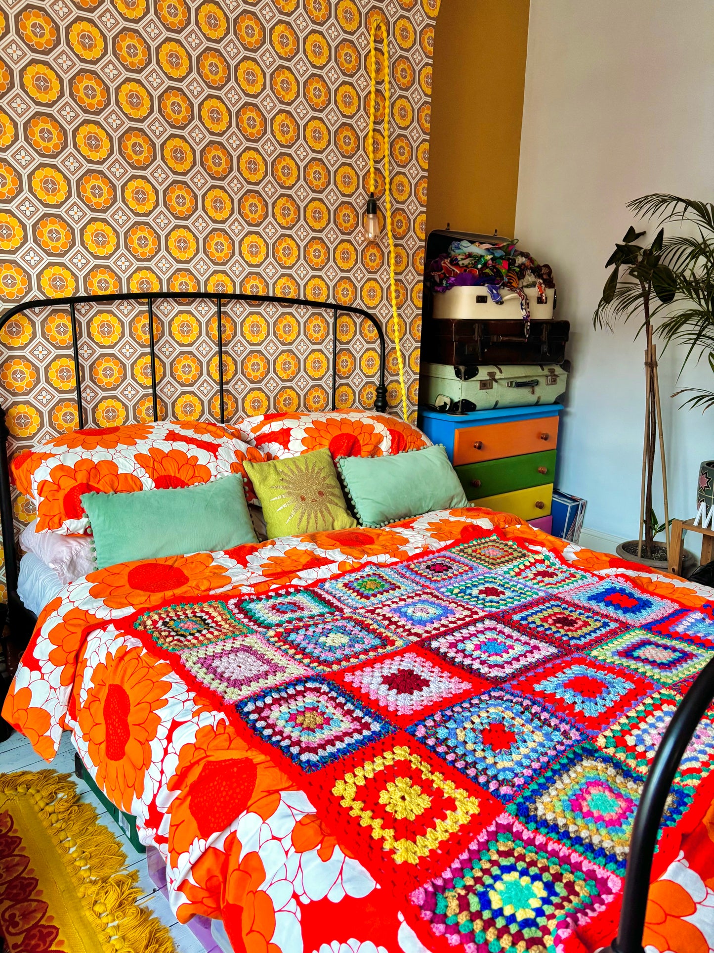 Vintage Small Red Granny Square Crochet Blanket