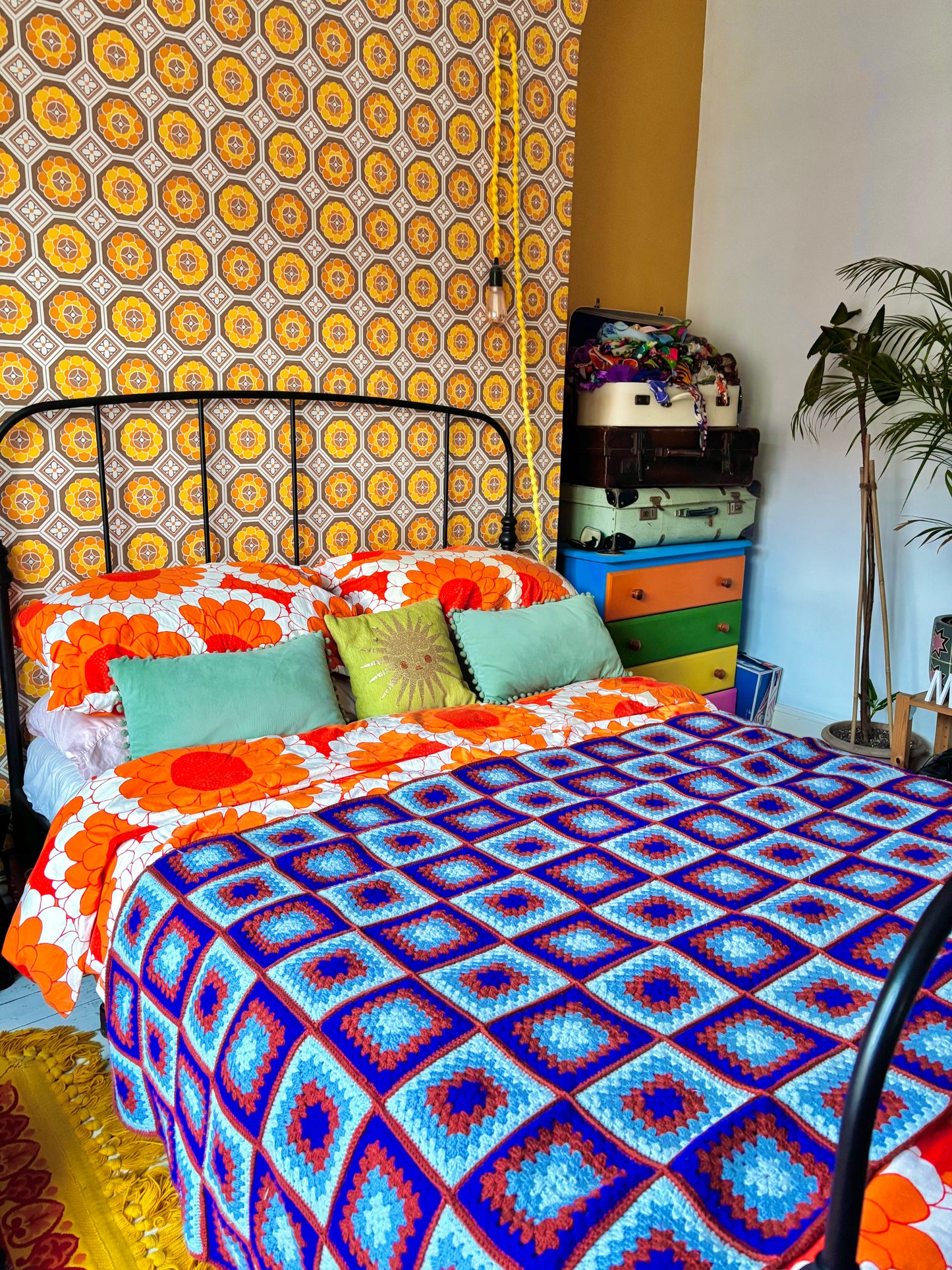 Vintage Blue and Brown Granny Square Crochet Blanket