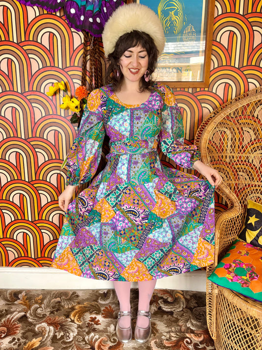 Vintage 70s Patchwork Print Midi Dress