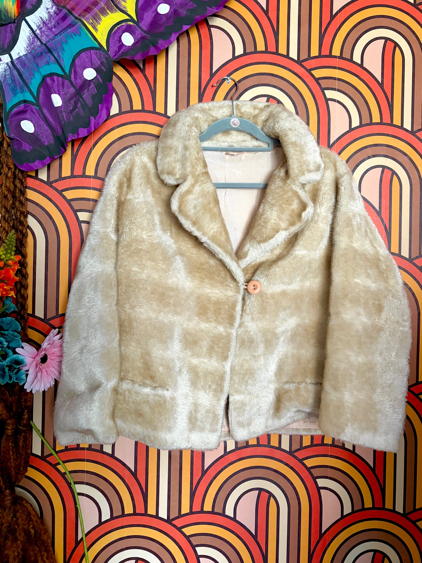 Vintage 60s Cream Faux Fur Coat