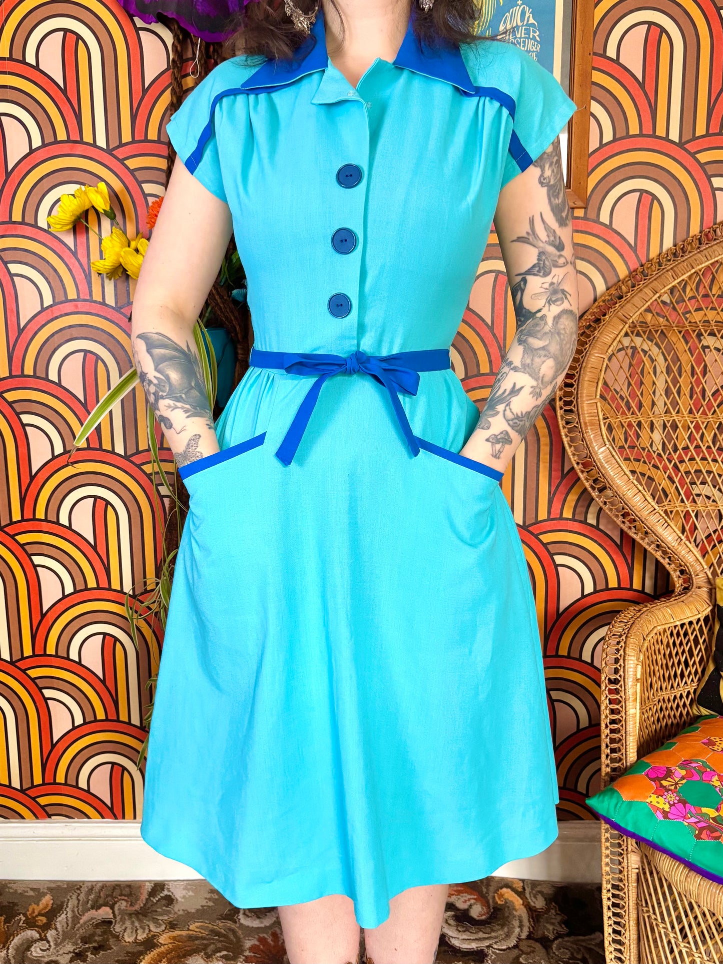 Vintage 70s Turquoise Blue Fit and Flare Dress