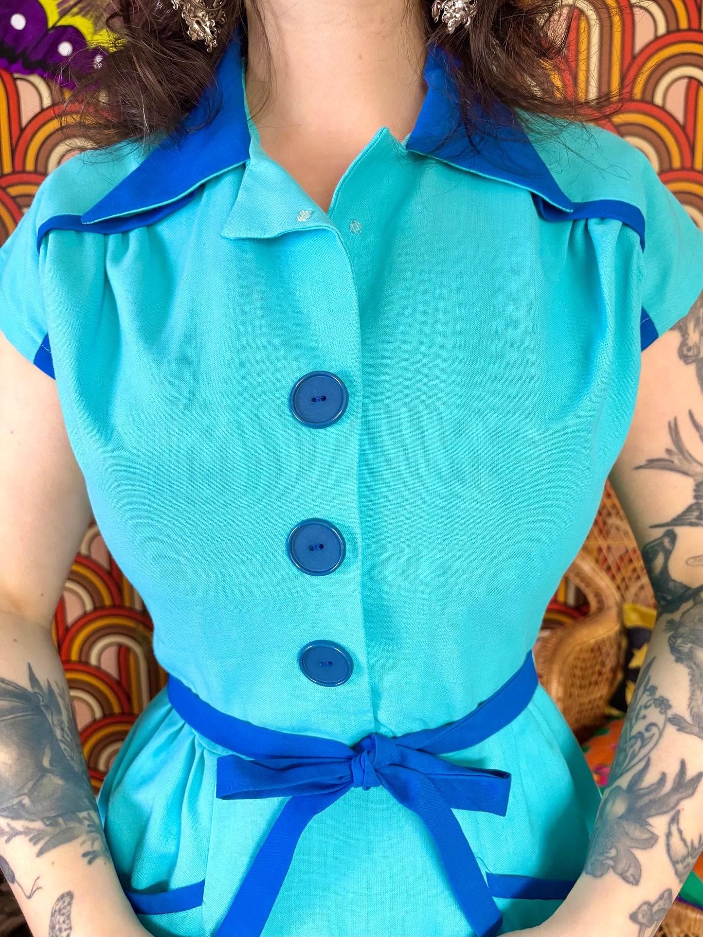 Vintage 70s Turquoise Blue Fit and Flare Dress