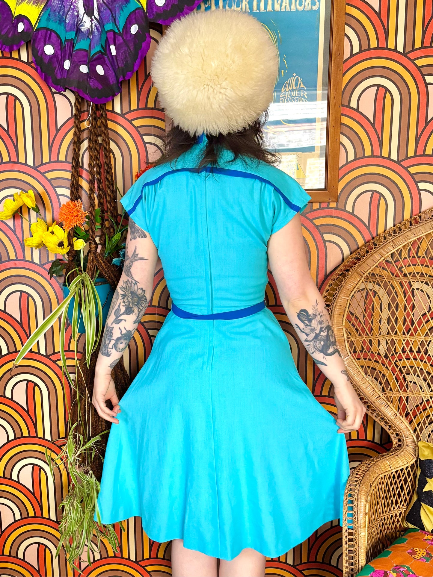Vintage 70s Turquoise Blue Fit and Flare Dress