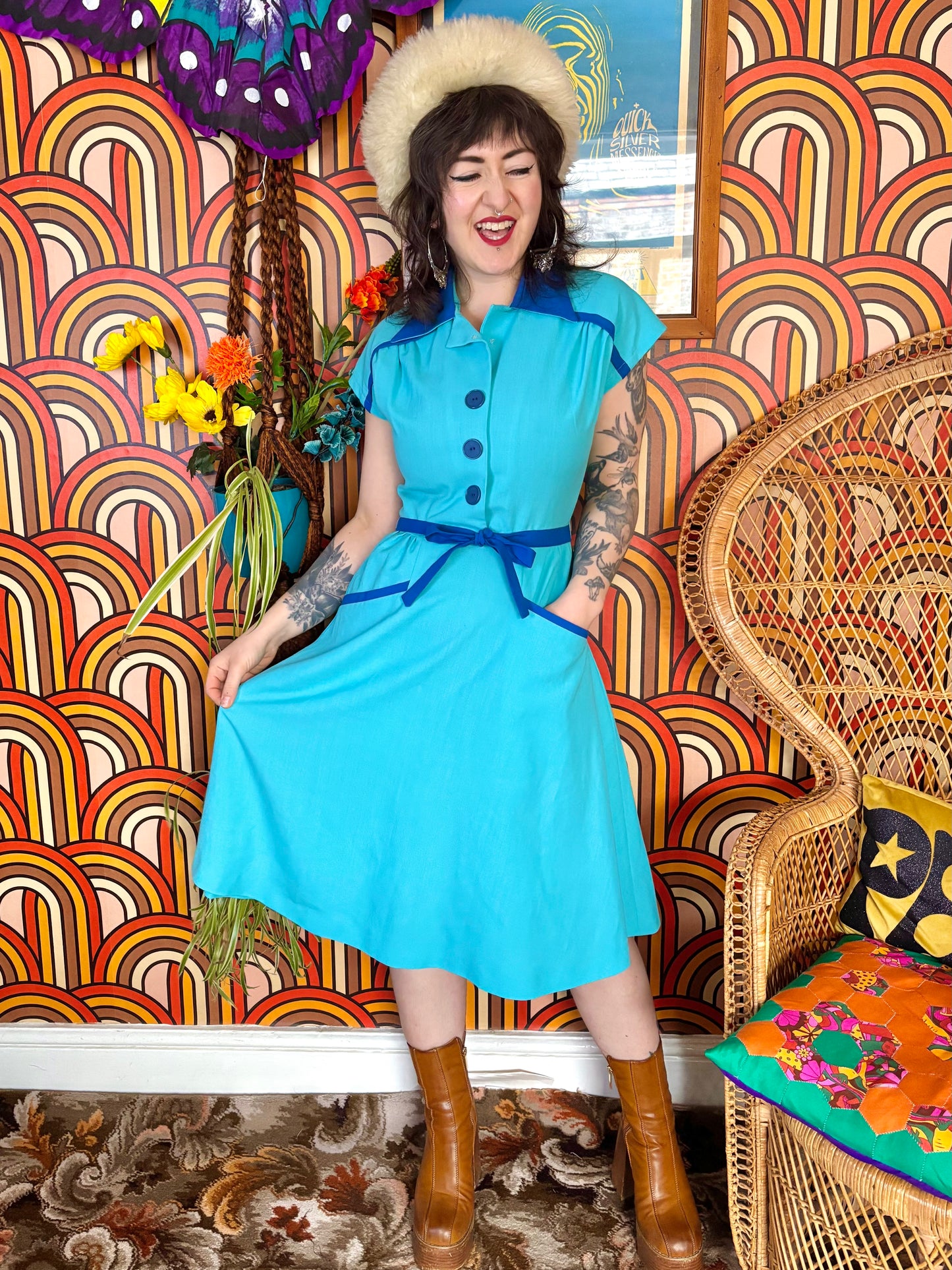 Vintage 70s Turquoise Blue Fit and Flare Dress