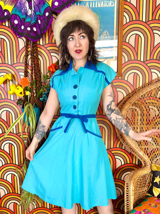 Vintage 70s Turquoise Blue Fit and Flare Dress