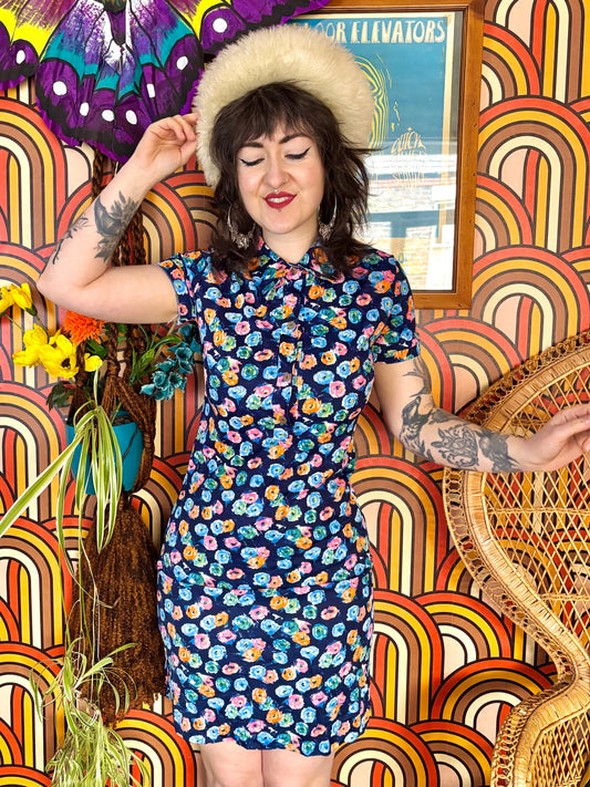 Vintage 70s Navy Floral Dress