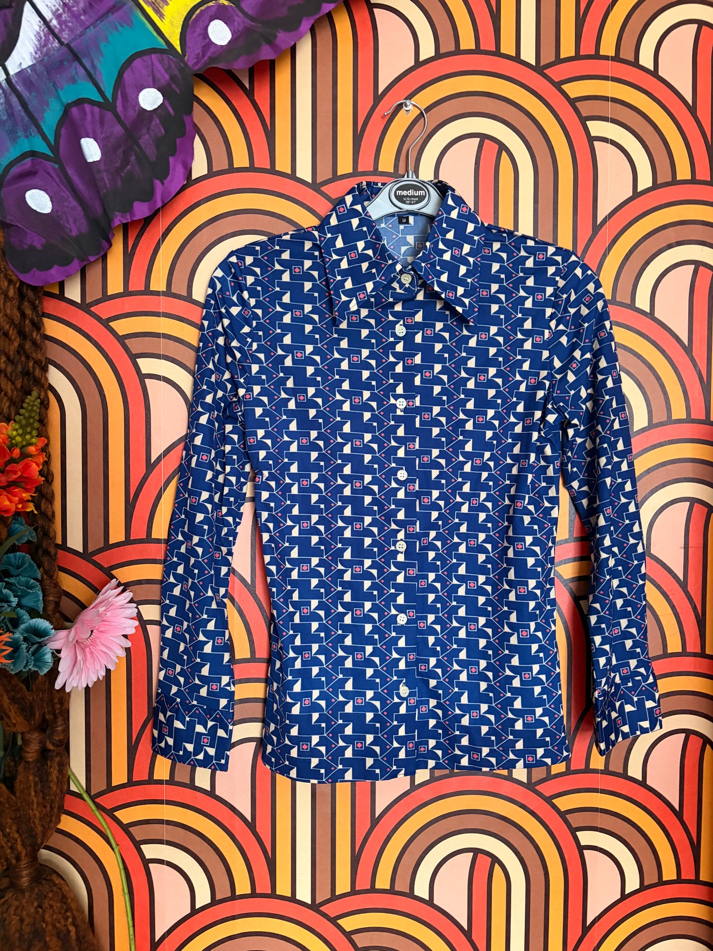 Vintage 70s Blue and Beige Print Shirt