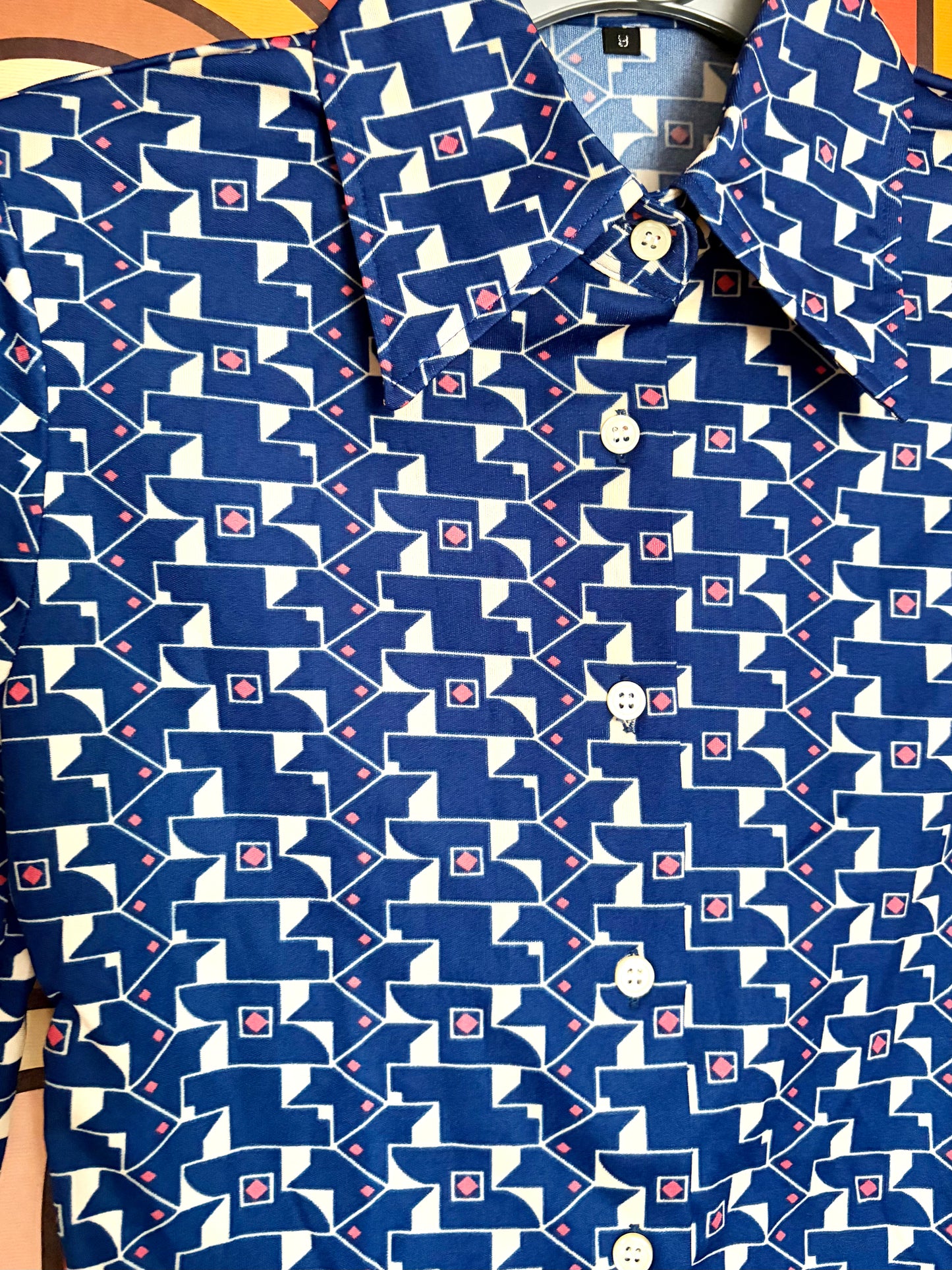 Vintage 70s Blue and Beige Print Shirt