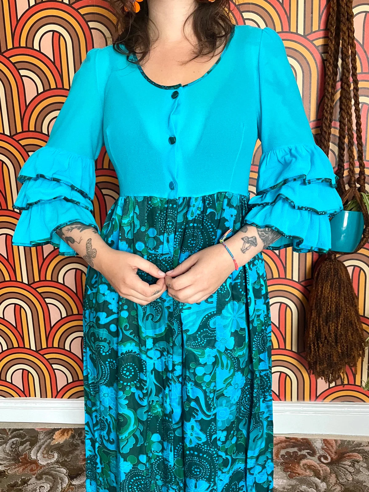 Vintage 60s 70s Blue Psychedelic Paisley Maxi Dress
