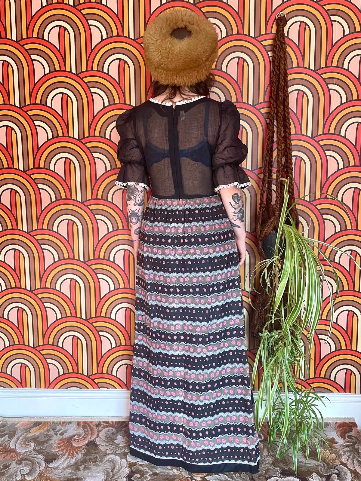 Vintage 70s Black Floral Prairie Maxi Dress