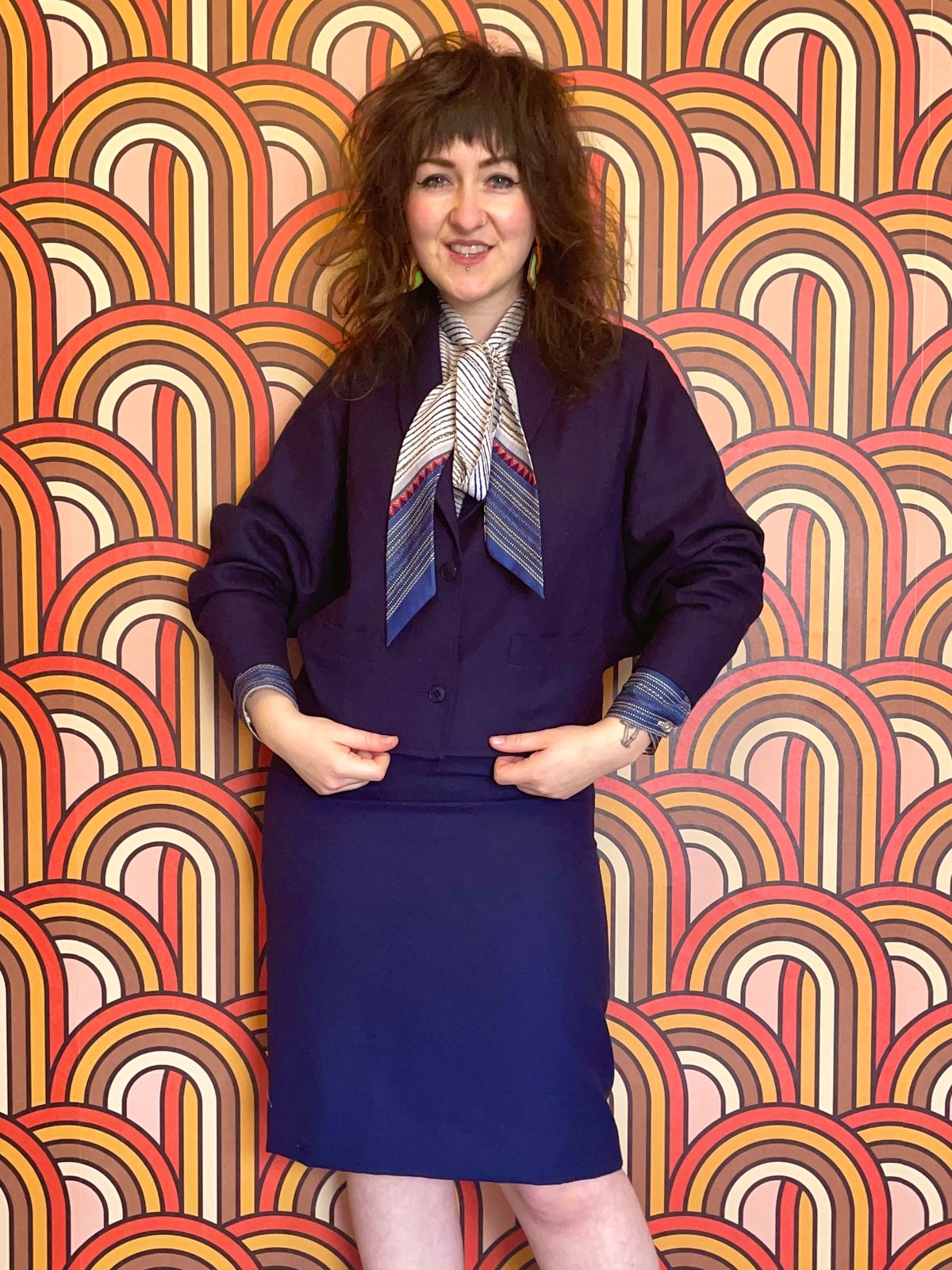 Vintage 80s Navy Blue Wool Two Piece Skirt Suit