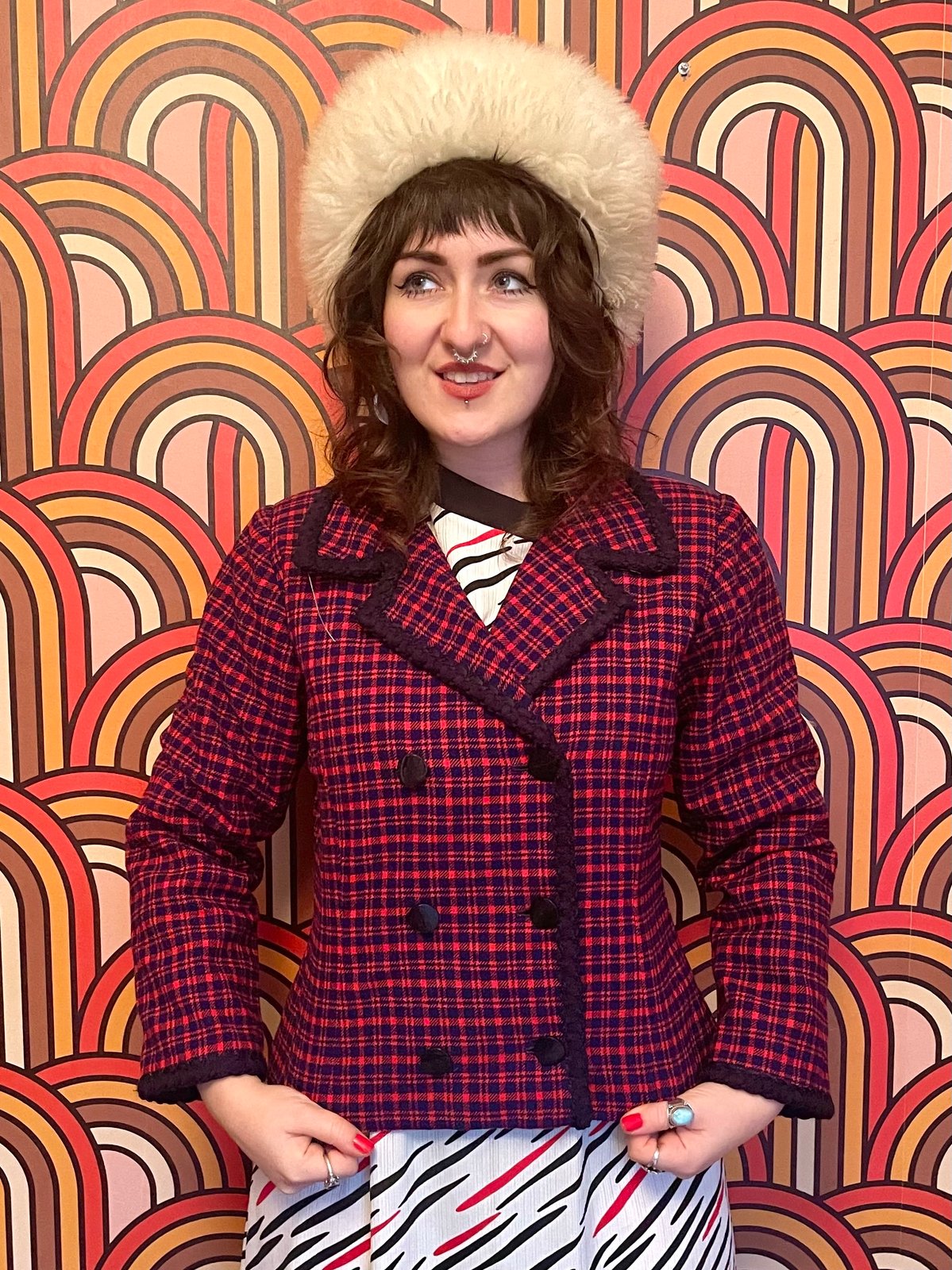 Vintage 80s Red and Navy Double Breasted Tartan Jacket