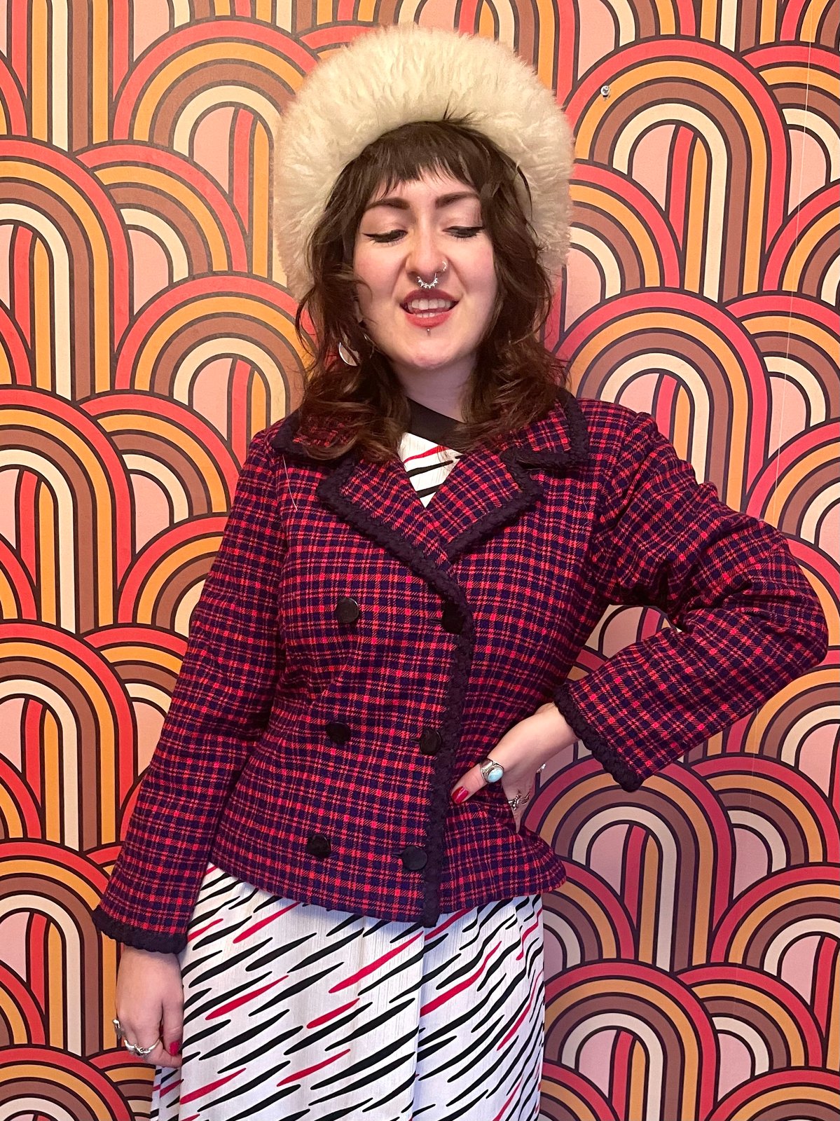 Vintage 80s Red and Navy Double Breasted Tartan Jacket