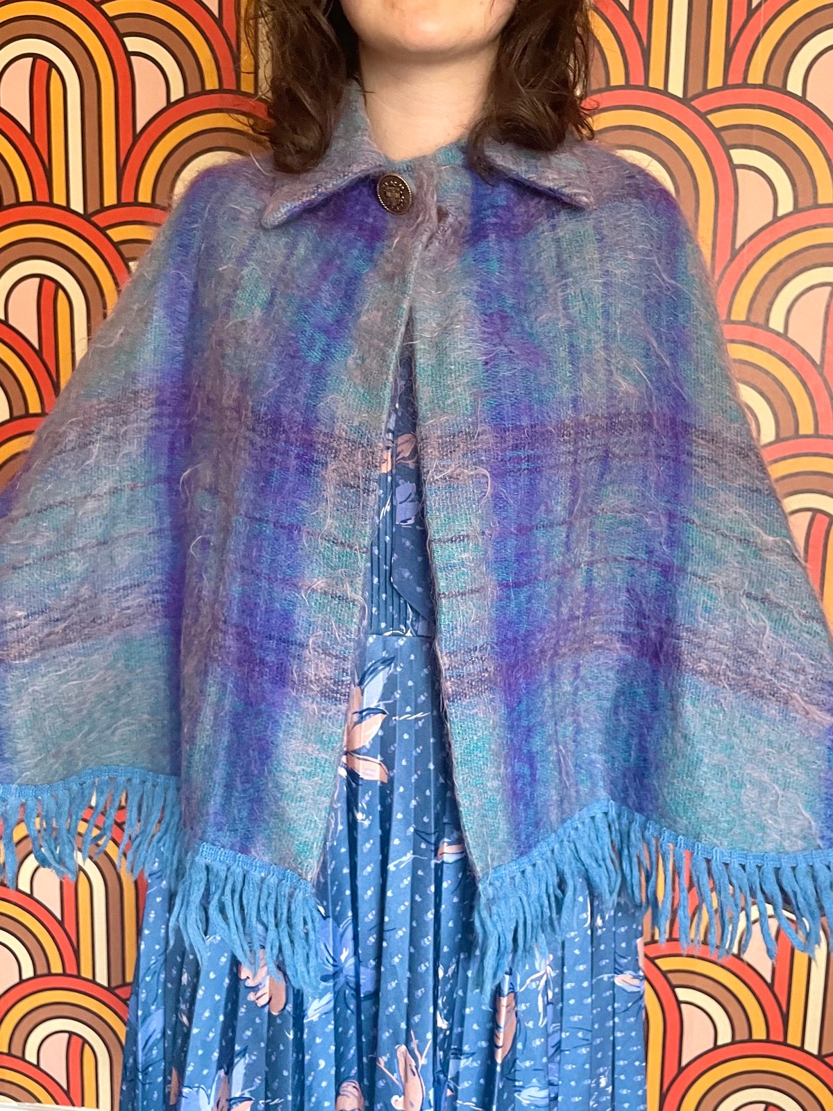 Vintage 60s Blue Check Wool Cape